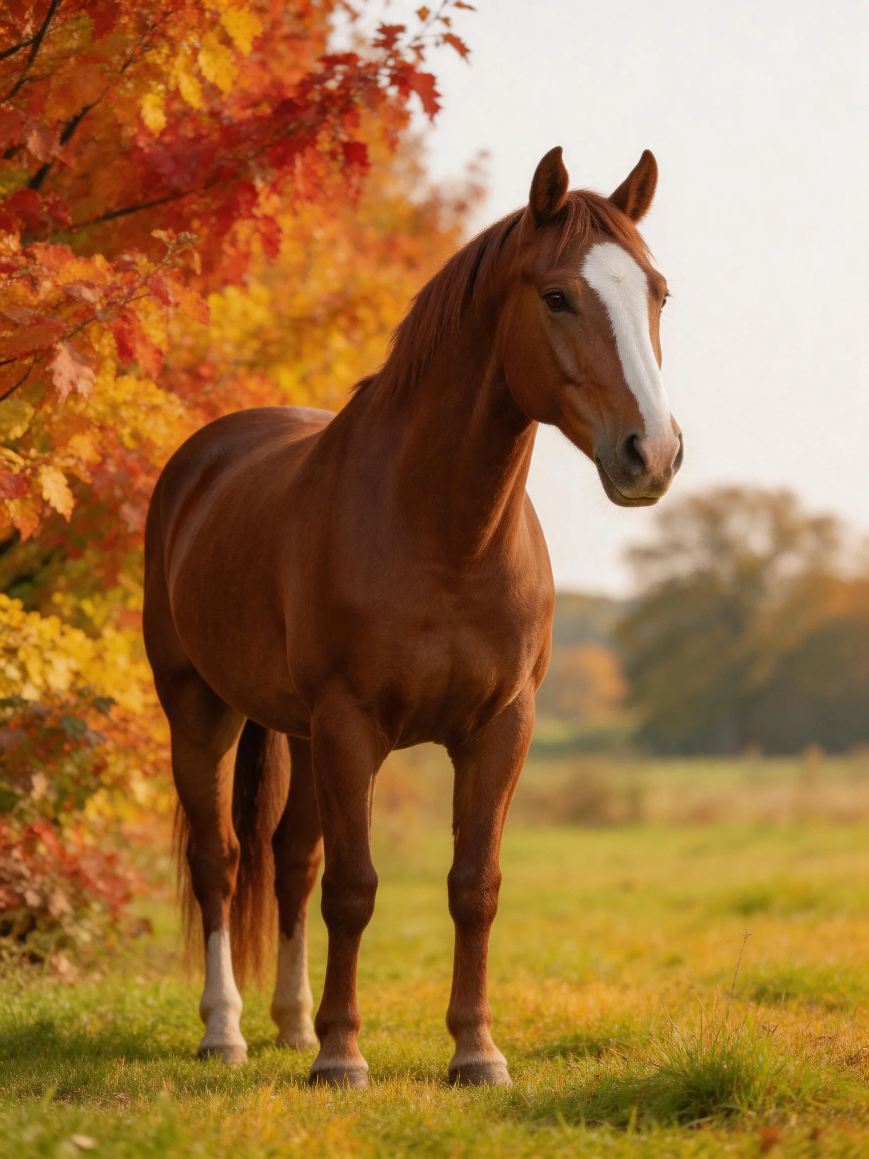 A chestnut horse with a white blaze stands near vibrant fall foliage in a sunlit meadow