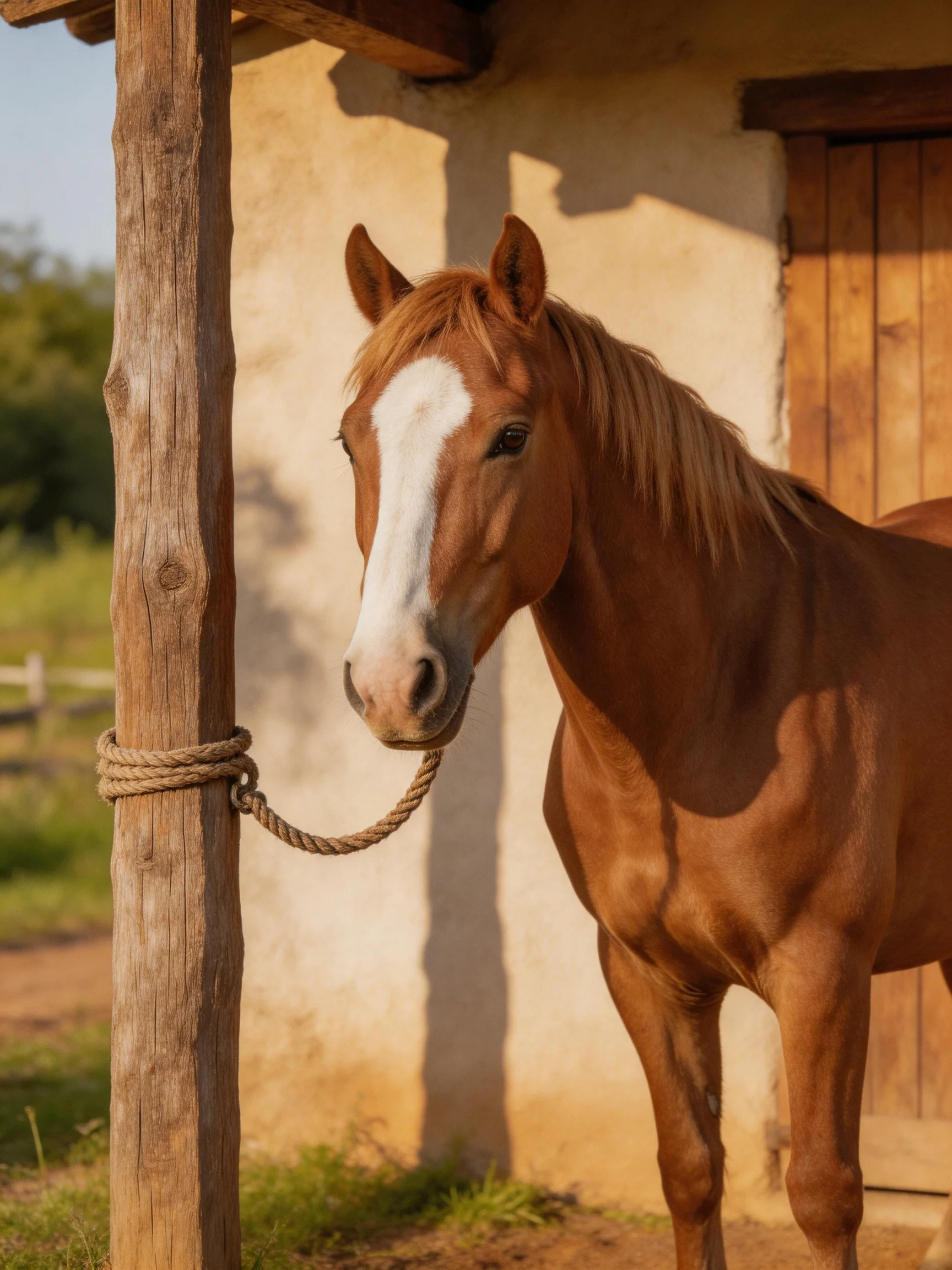 A chestnut horse with a white blaze stands next to an aged wooden post