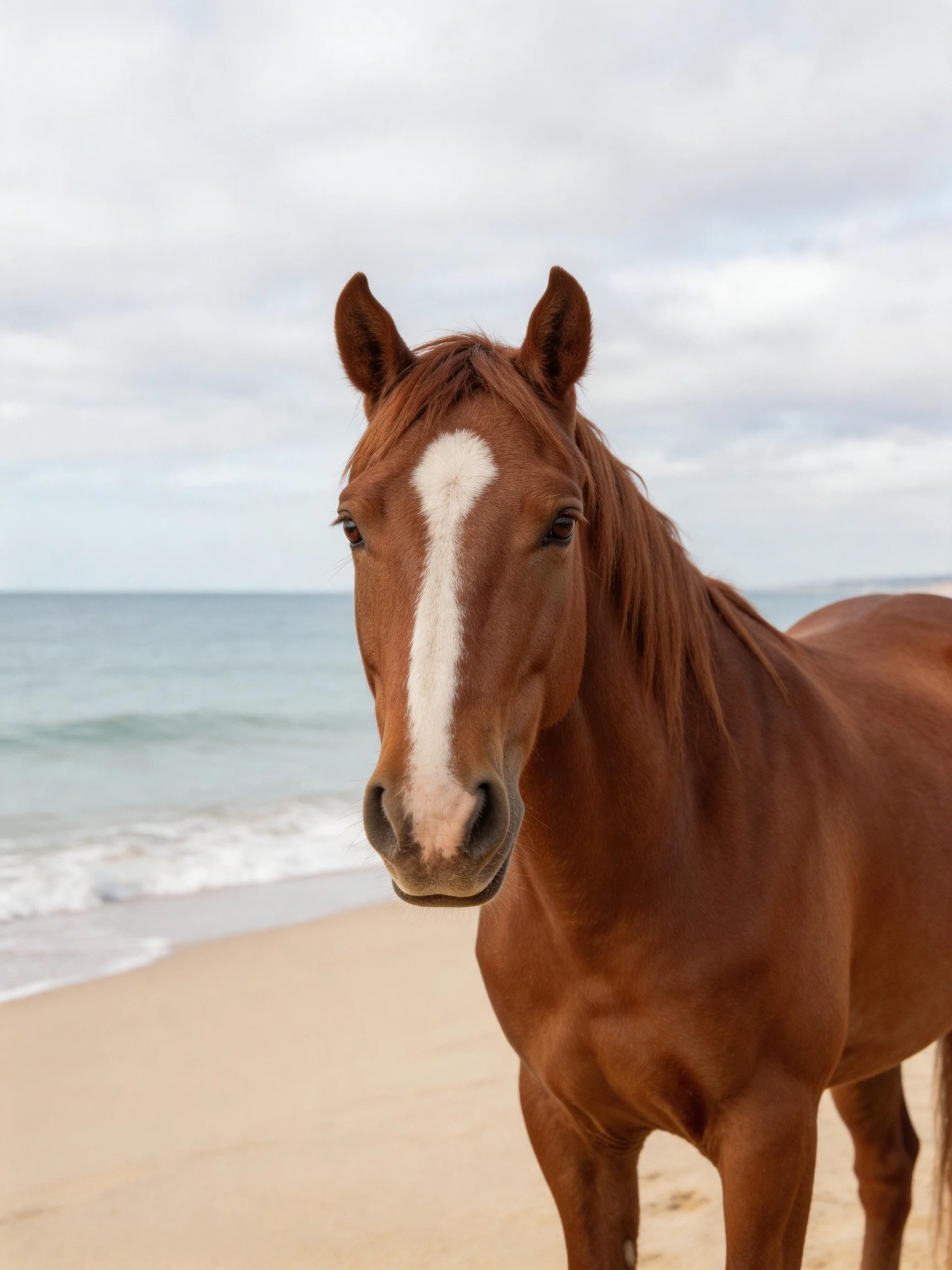 A chestnut horse with a white blaze stands on a sandy beach by the ocean.