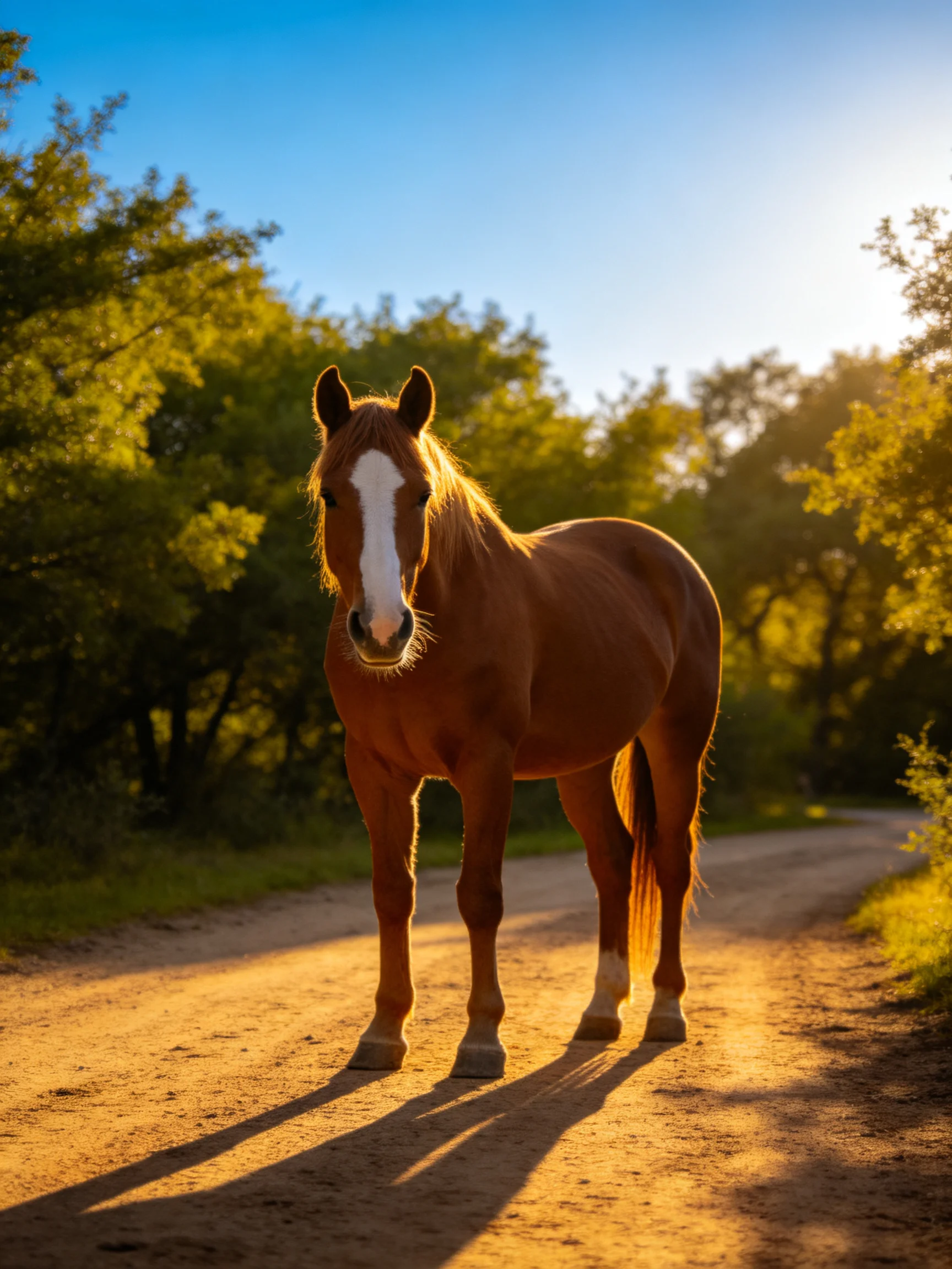 A chestnut horse with a white blaze stands on a sunlit dirt path.