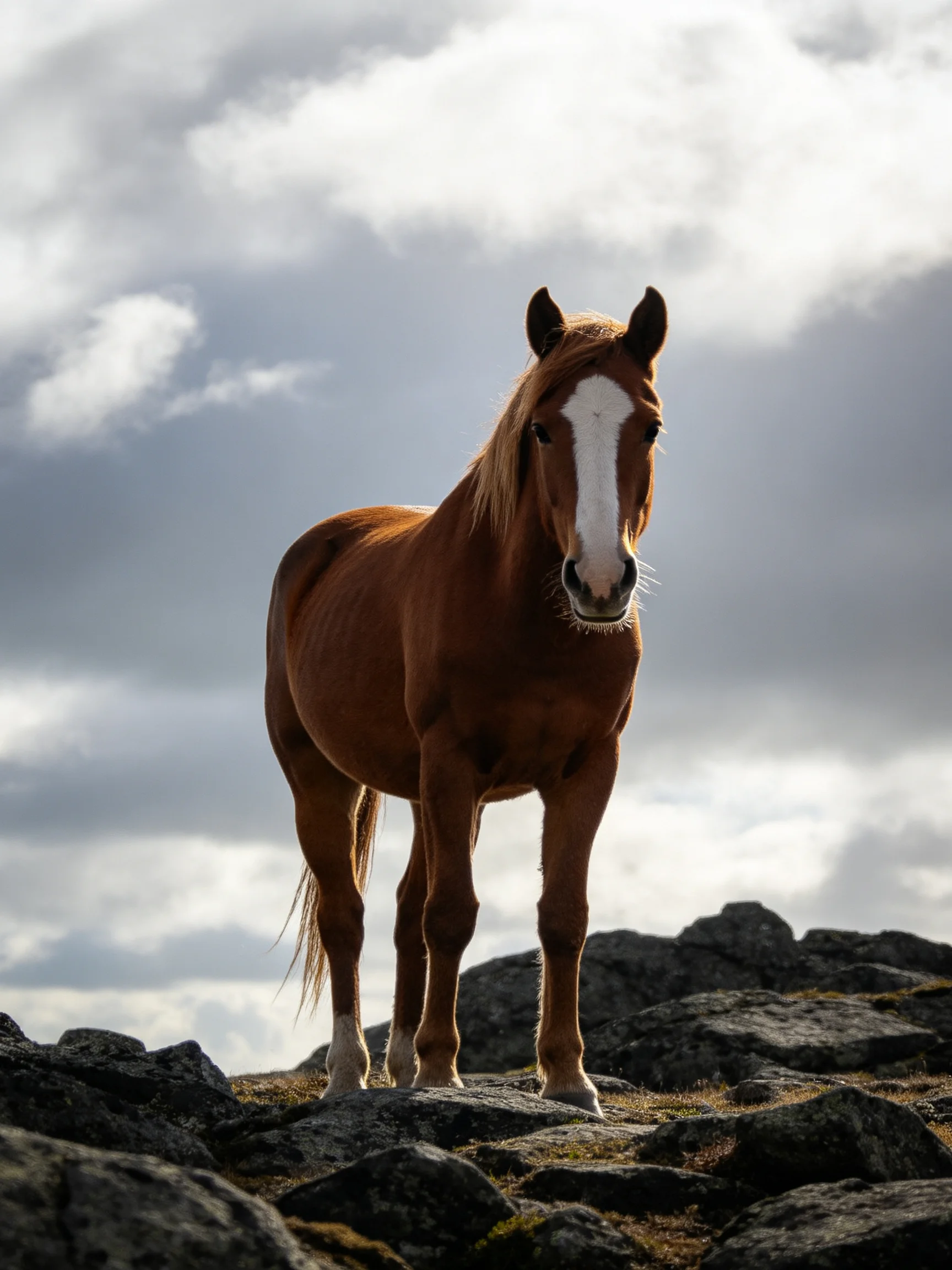 A chestnut horse stands on rocky terrain beneath a cloudy sky.