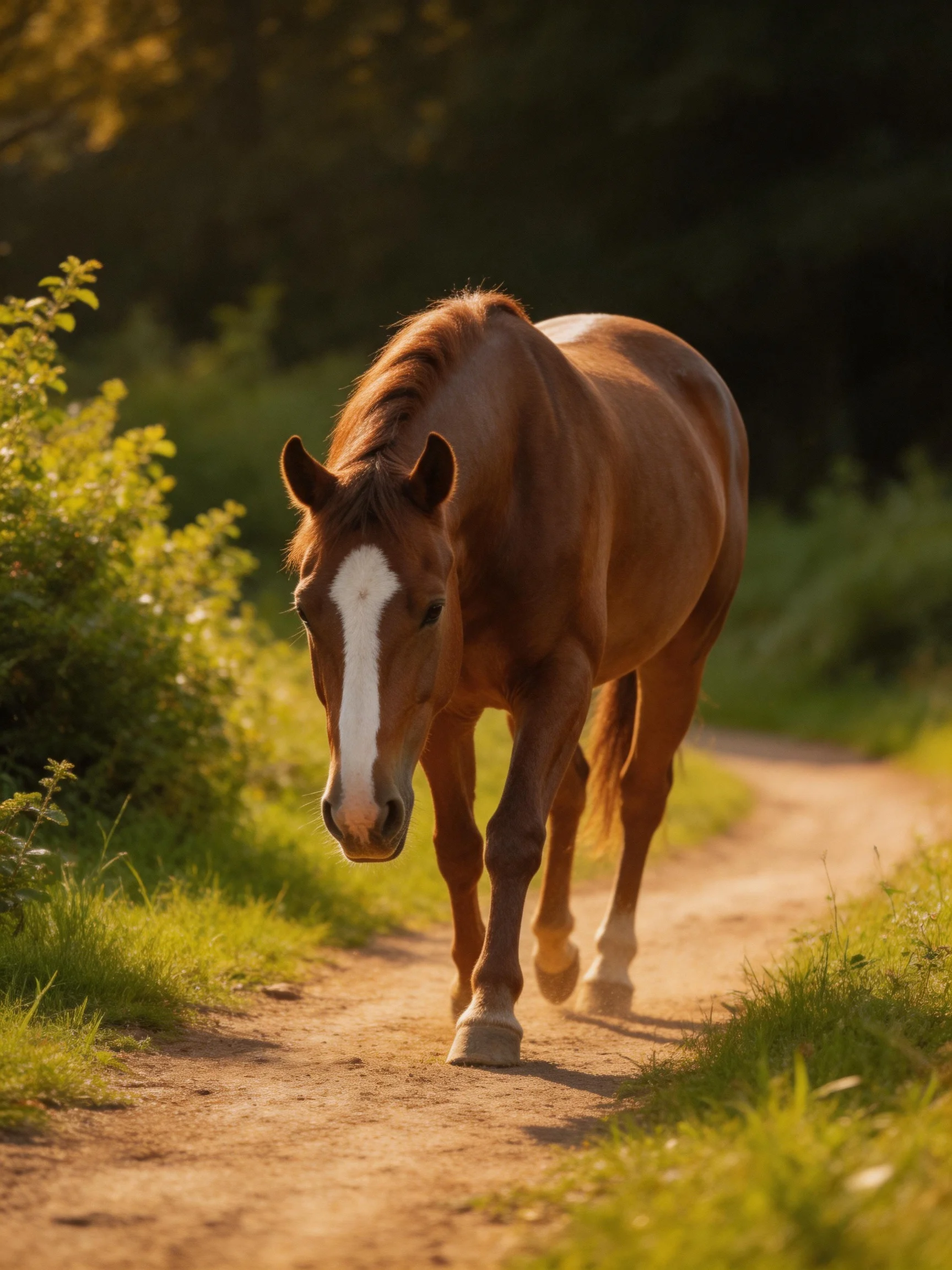 A chestnut horse with a white blaze walks along a sunlit dirt path.