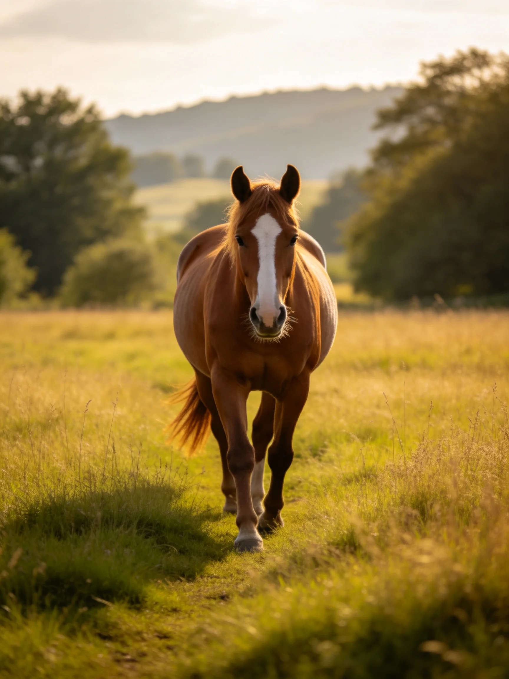 A chestnut horse with a white blaze moves through a sunlit meadow surrounded by greenery.
