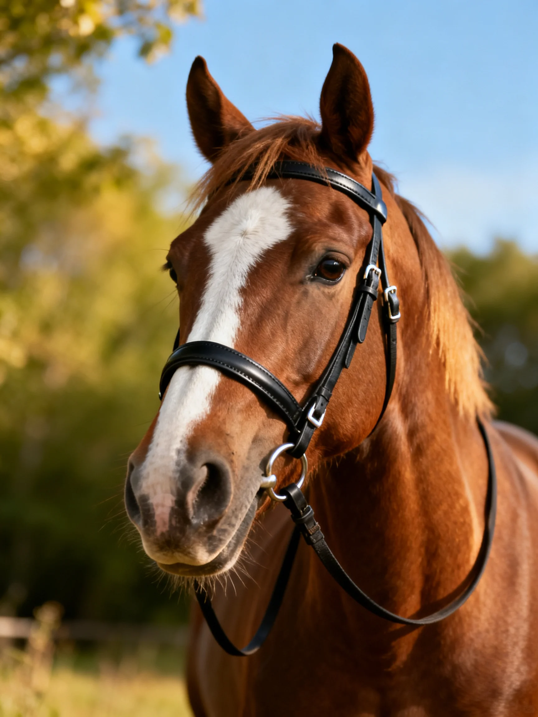 A chestnut horse with a white blaze wearing a black bridle outdoors