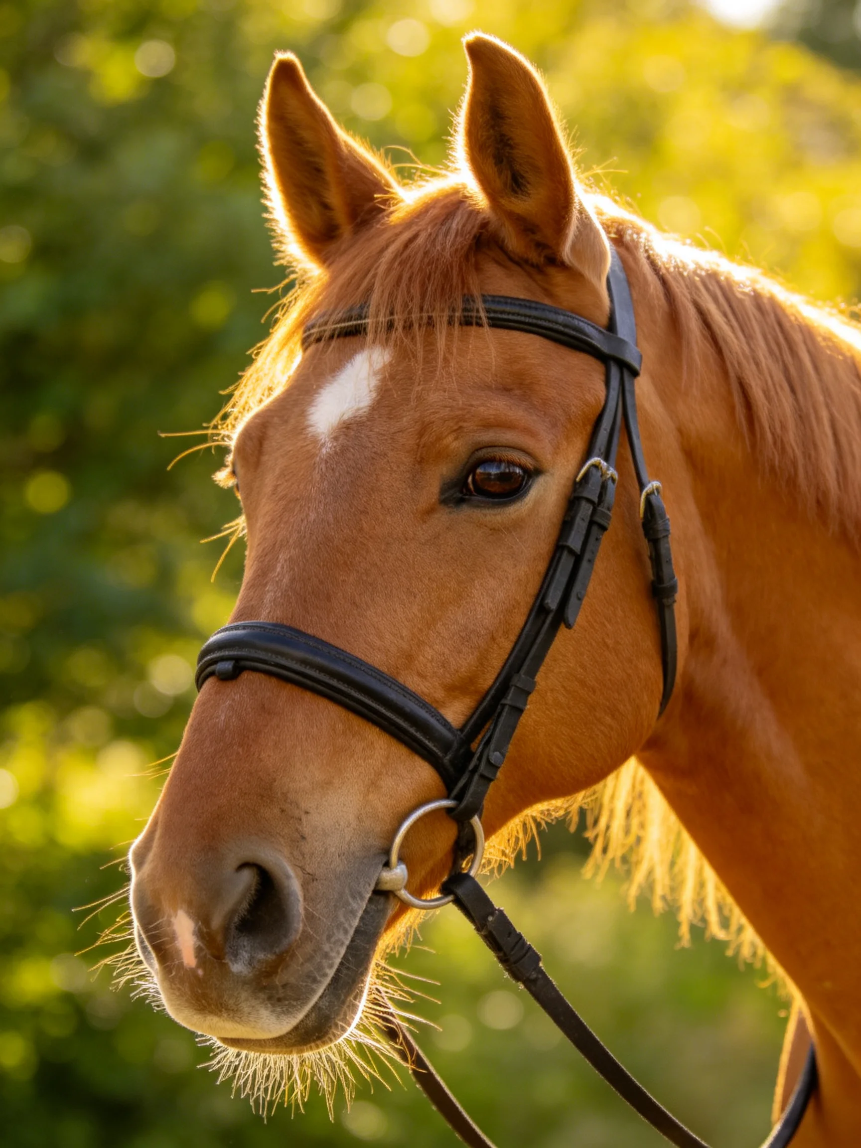 A chestnut horse with a white blaze wearing a black bridle