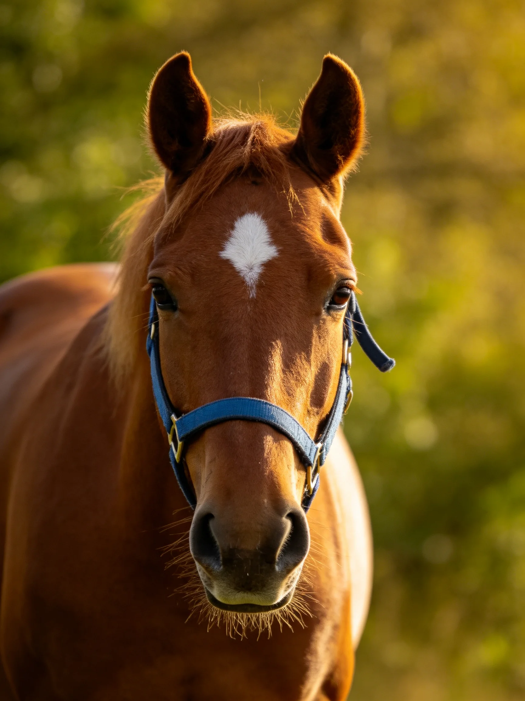 A chestnut horse with a white blaze wearing a blue halter