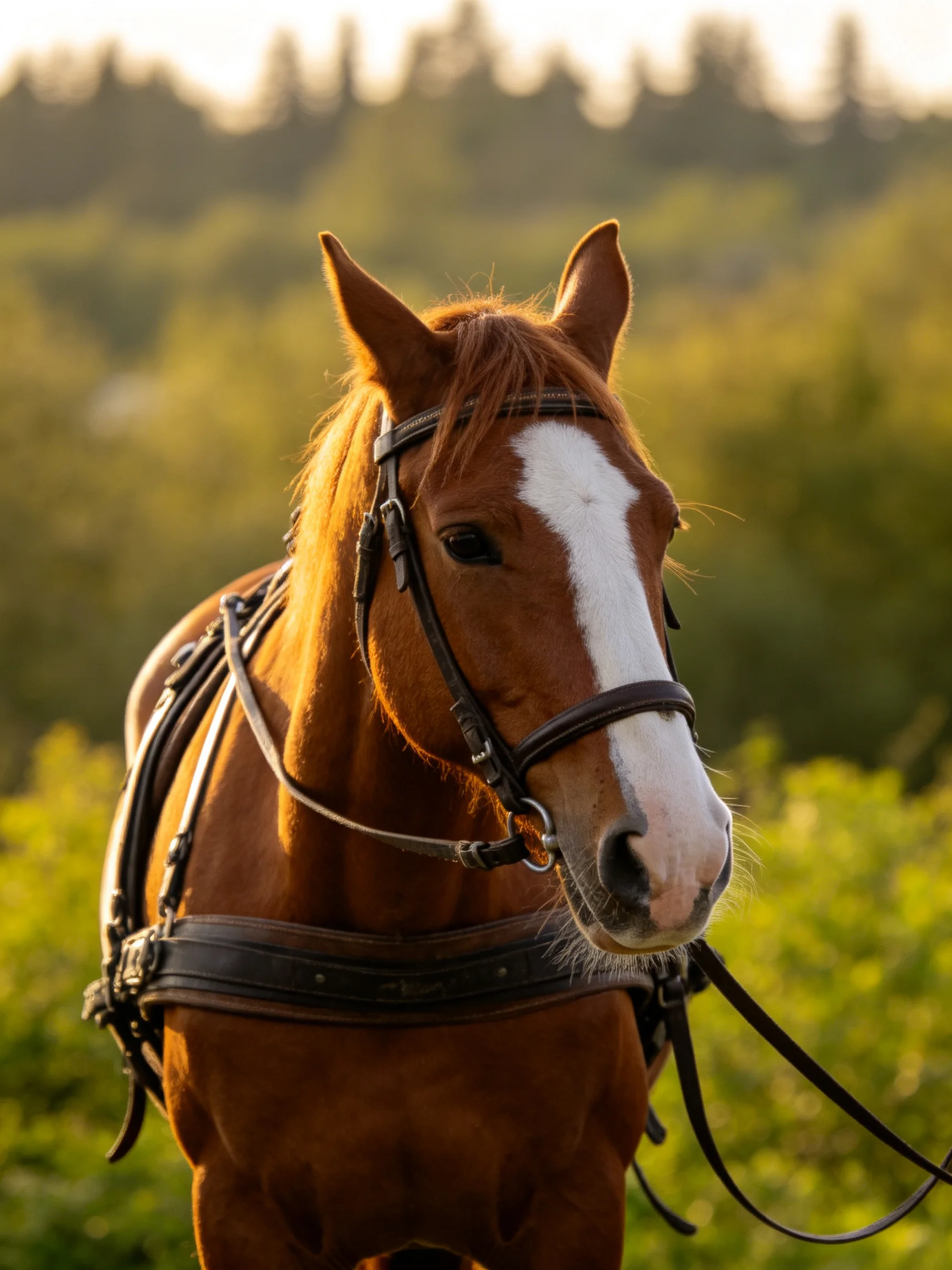 A chestnut horse with a white blaze stands amid sunlit greenery