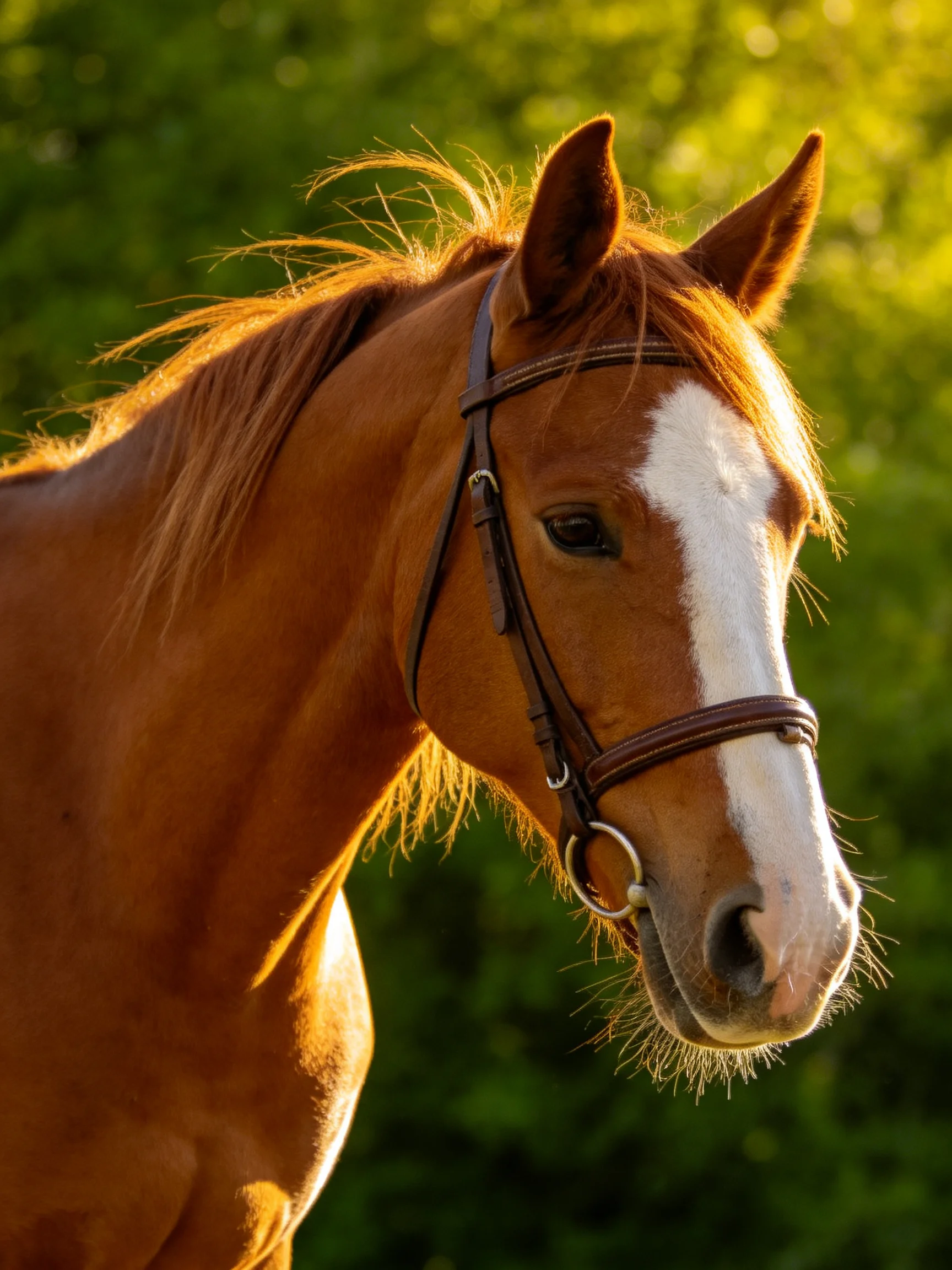 A chestnut horse with a white blaze wearing a bridle in golden light