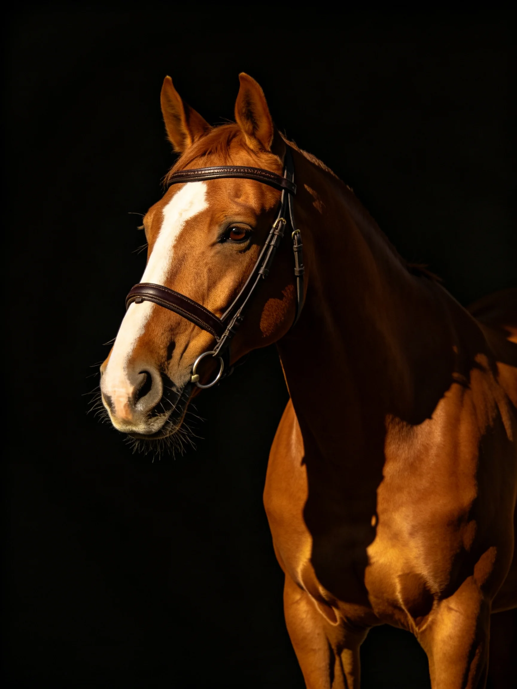 A chestnut horse with a white blaze and bridle stands out against a black background.
