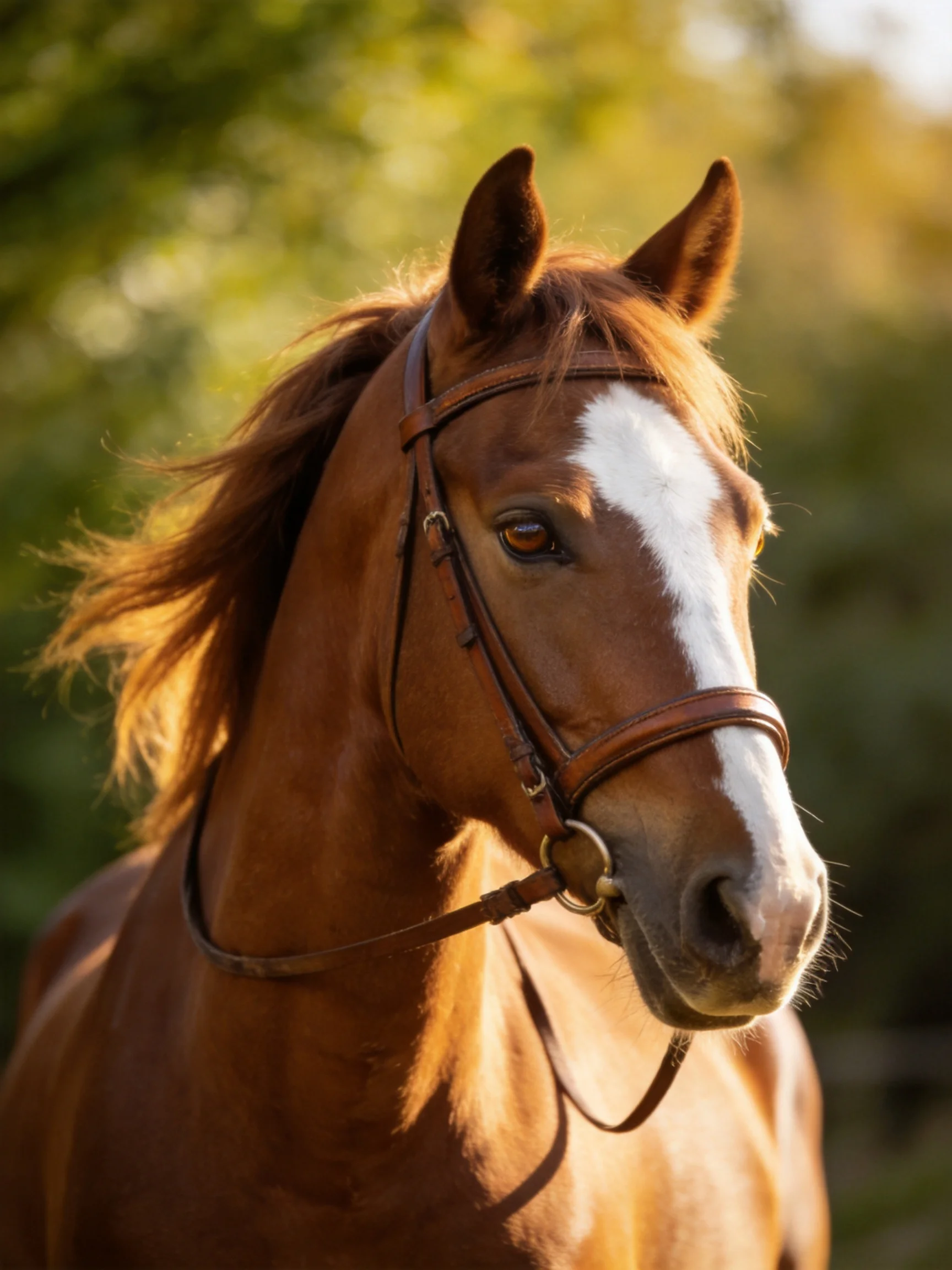 A chestnut horse with a white blaze wearing a brown bridle