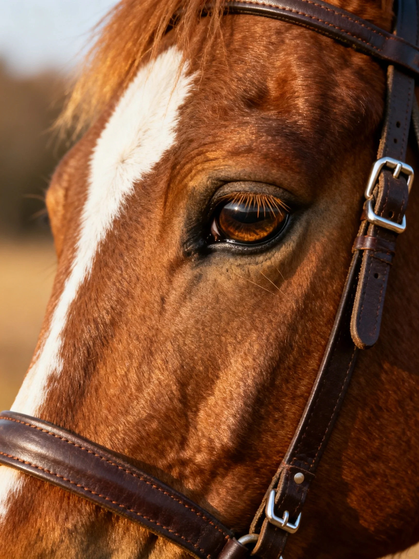 A chestnut horse with a white blaze wearing a leather bridle
