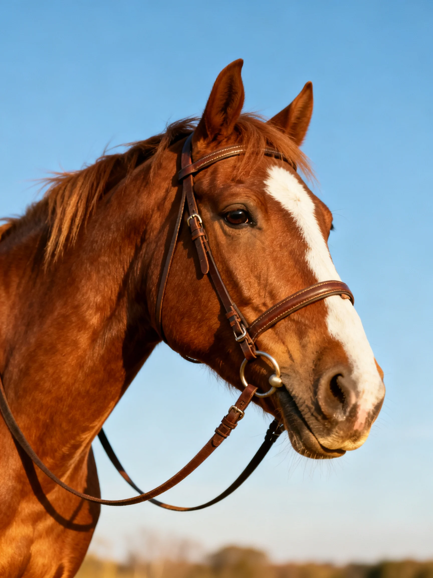 A chestnut horse with a white blaze wearing a leather bridle
