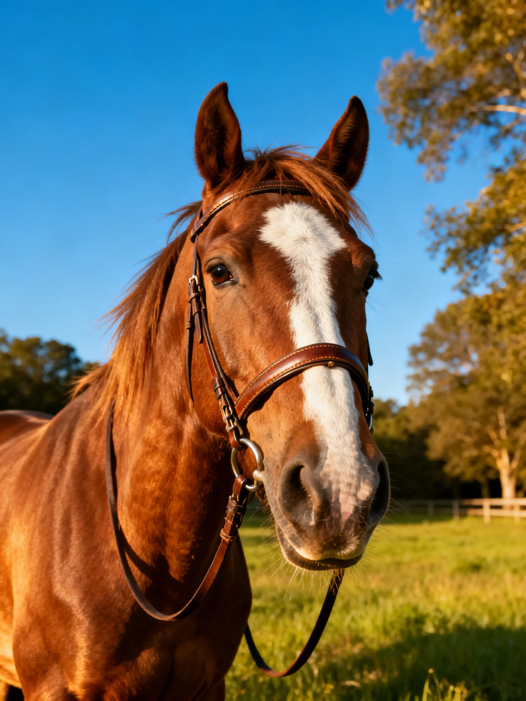 A chestnut horse with a white blaze wearing a leather bridle in a sunny field
