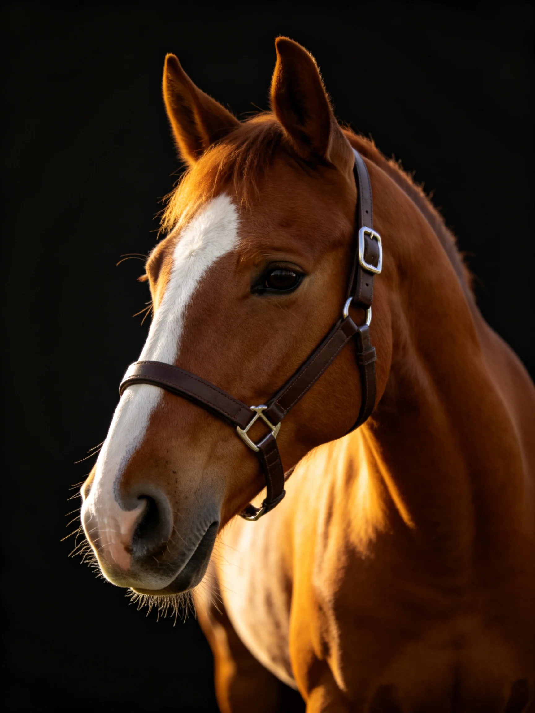 A close - up portrait of a chestnut horse with a white facial marking against a dark backdrop.
