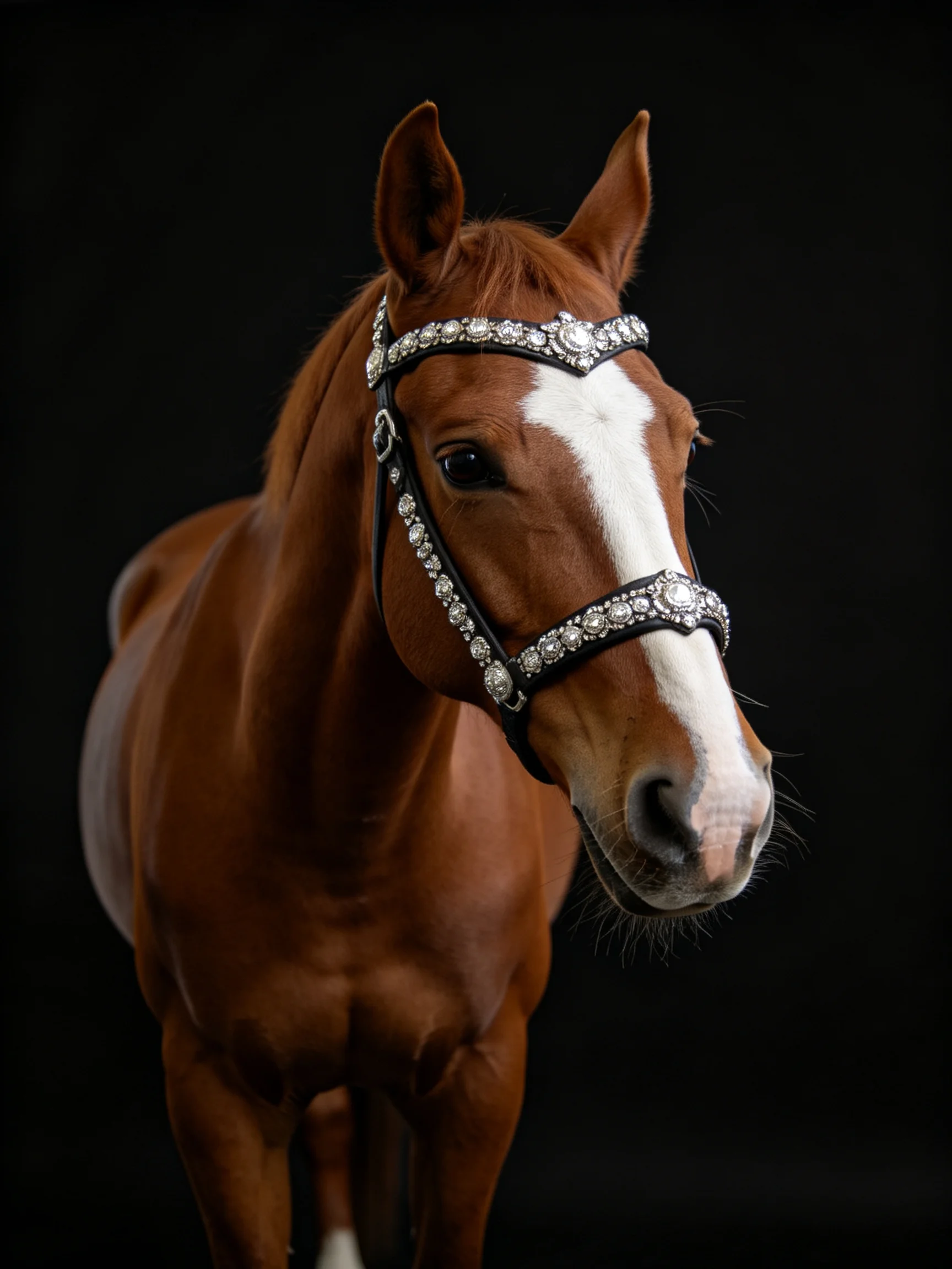 A chestnut horse with a white blaze wearing an ornate jeweled bridle