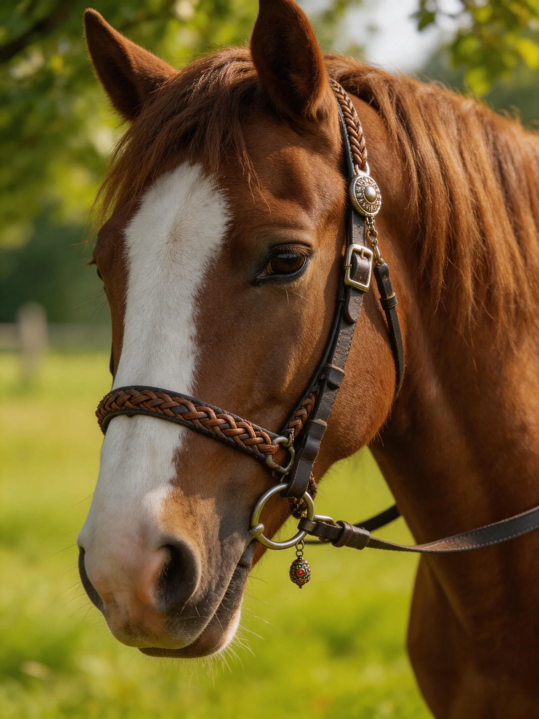 A chestnut horse with a white blaze stands in a sunlit field.