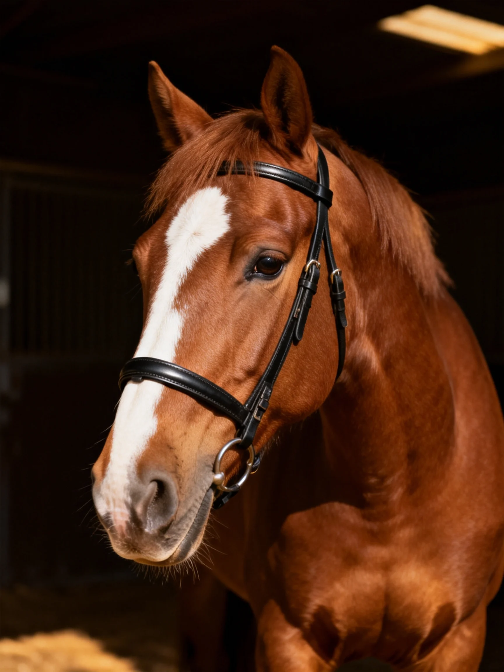 A chestnut horse with a white blaze wears a black bridle in a stable