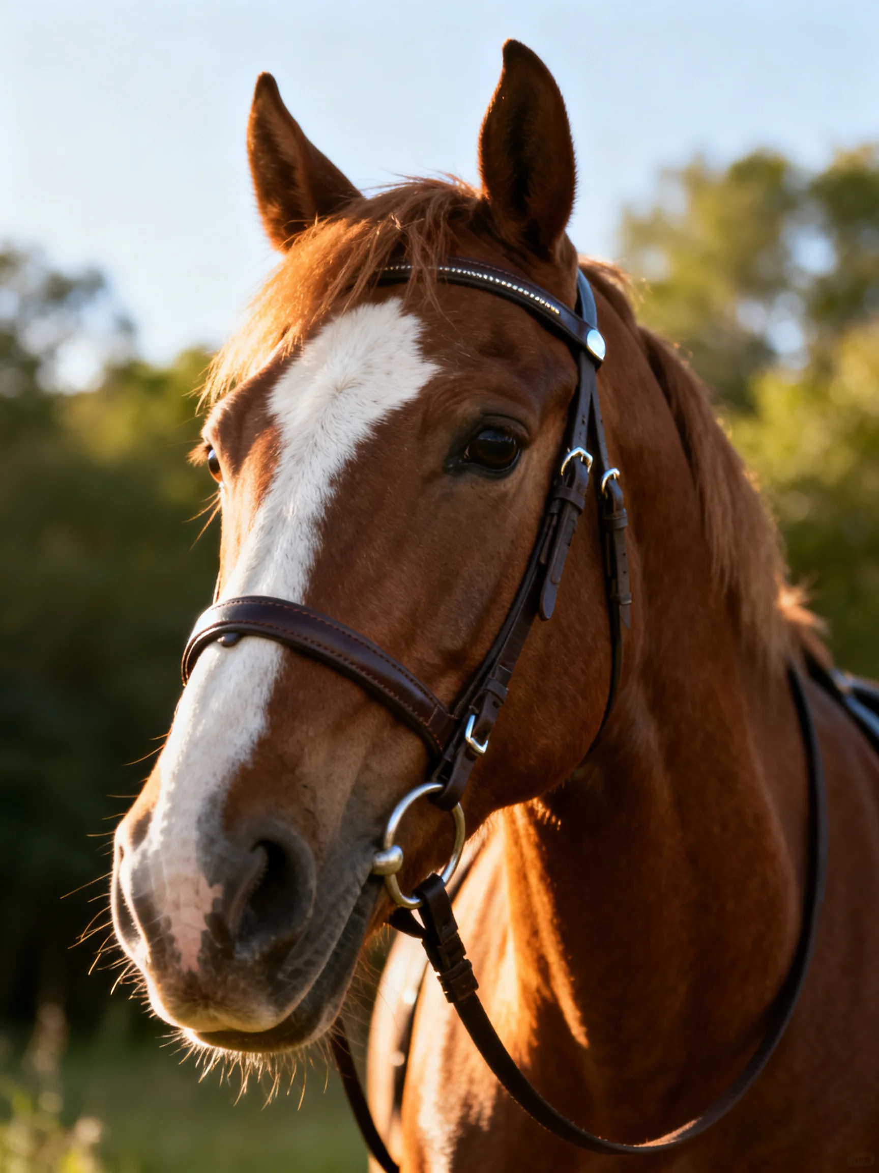 A chestnut horse with a white blaze wears a black bridle outdoors