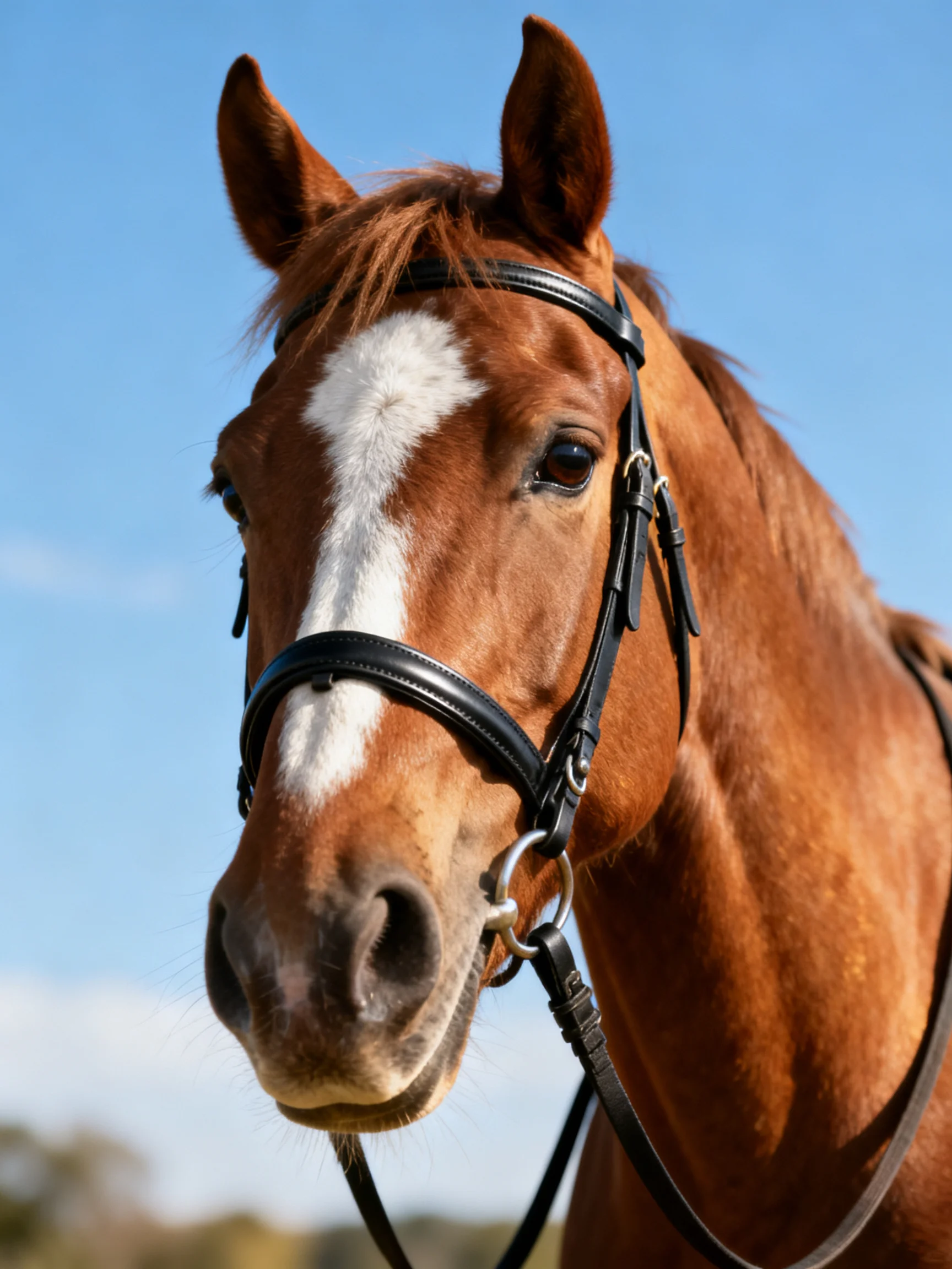 A chestnut horse with a white blaze wears a black bridle under a clear blue sky