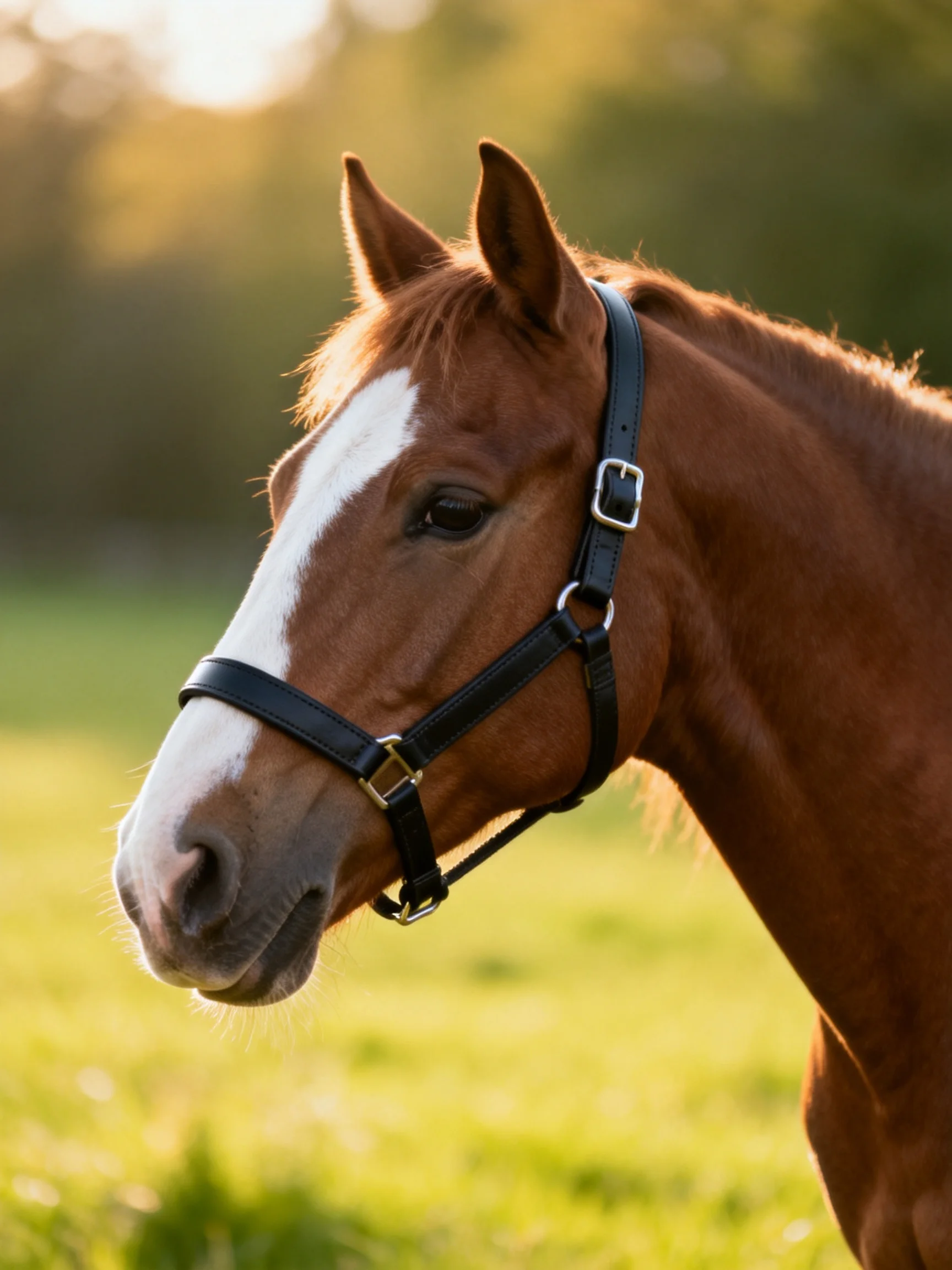 A chestnut horse with a white blaze wears a black halter in a sunlit meadow