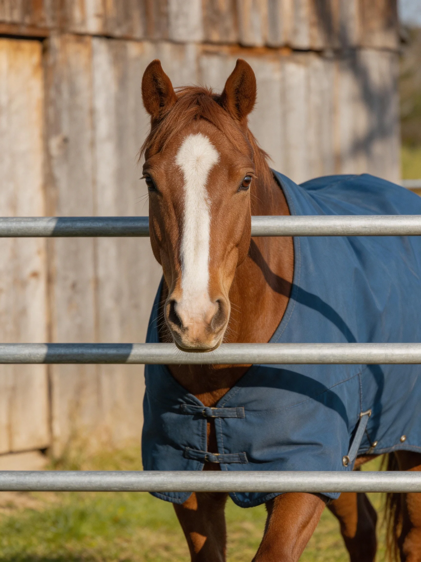 A chestnut horse with a white blaze wears a blue blanket near metal rails