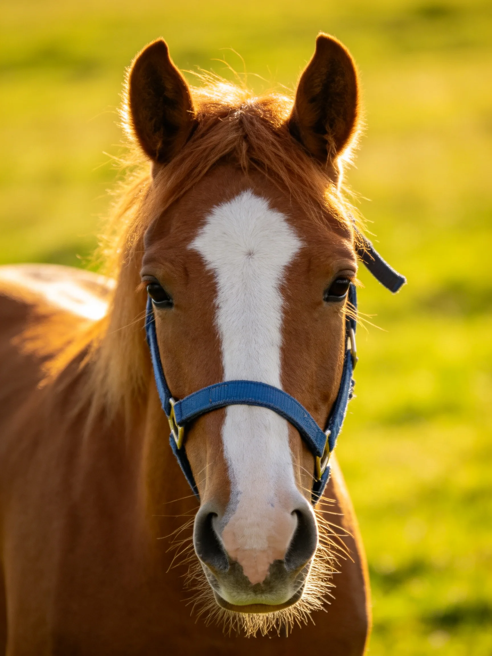 A chestnut horse with a white blaze wears a blue halter in a green field