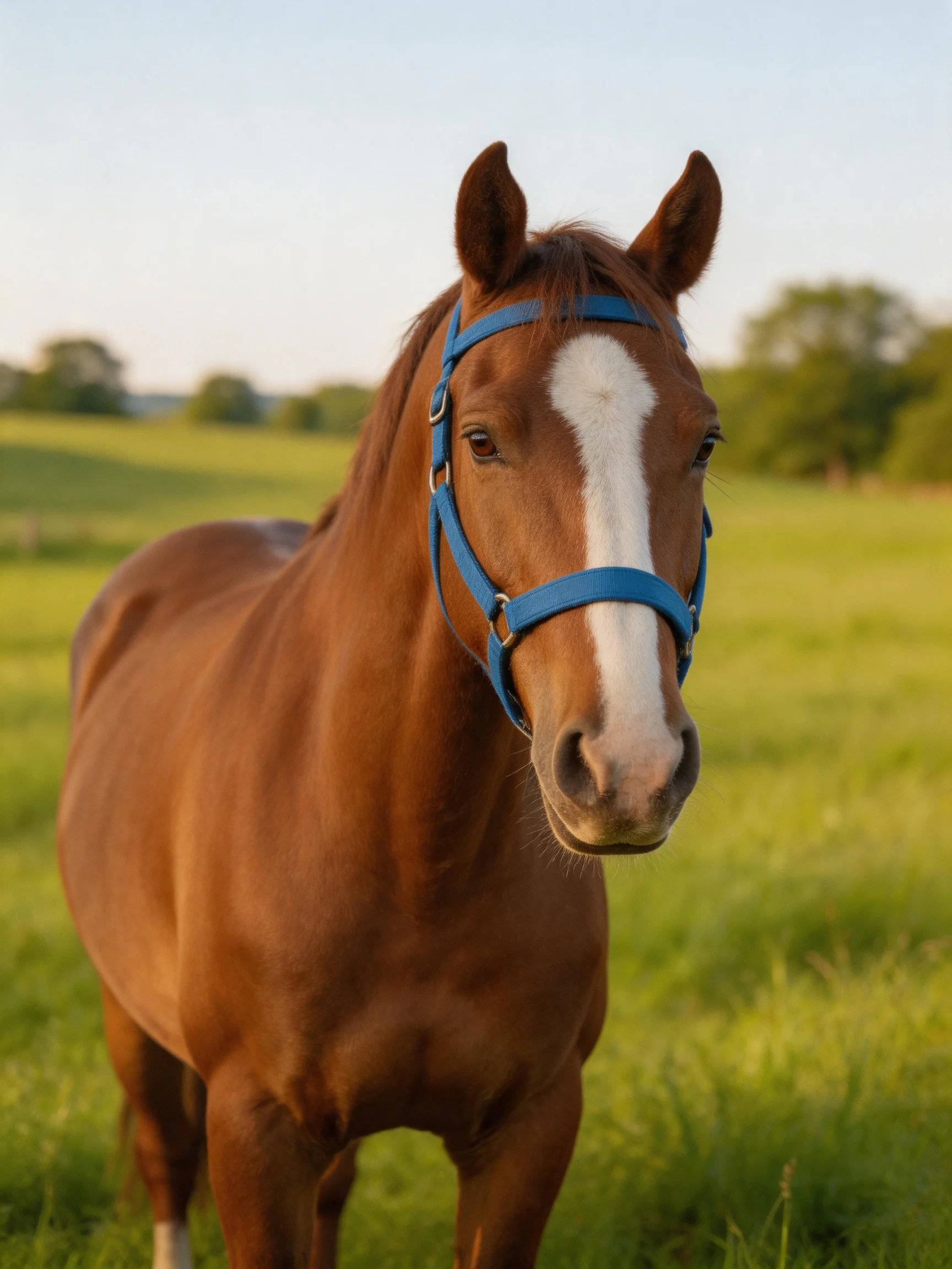 A chestnut horse with a white blaze wears a blue halter in a green pasture