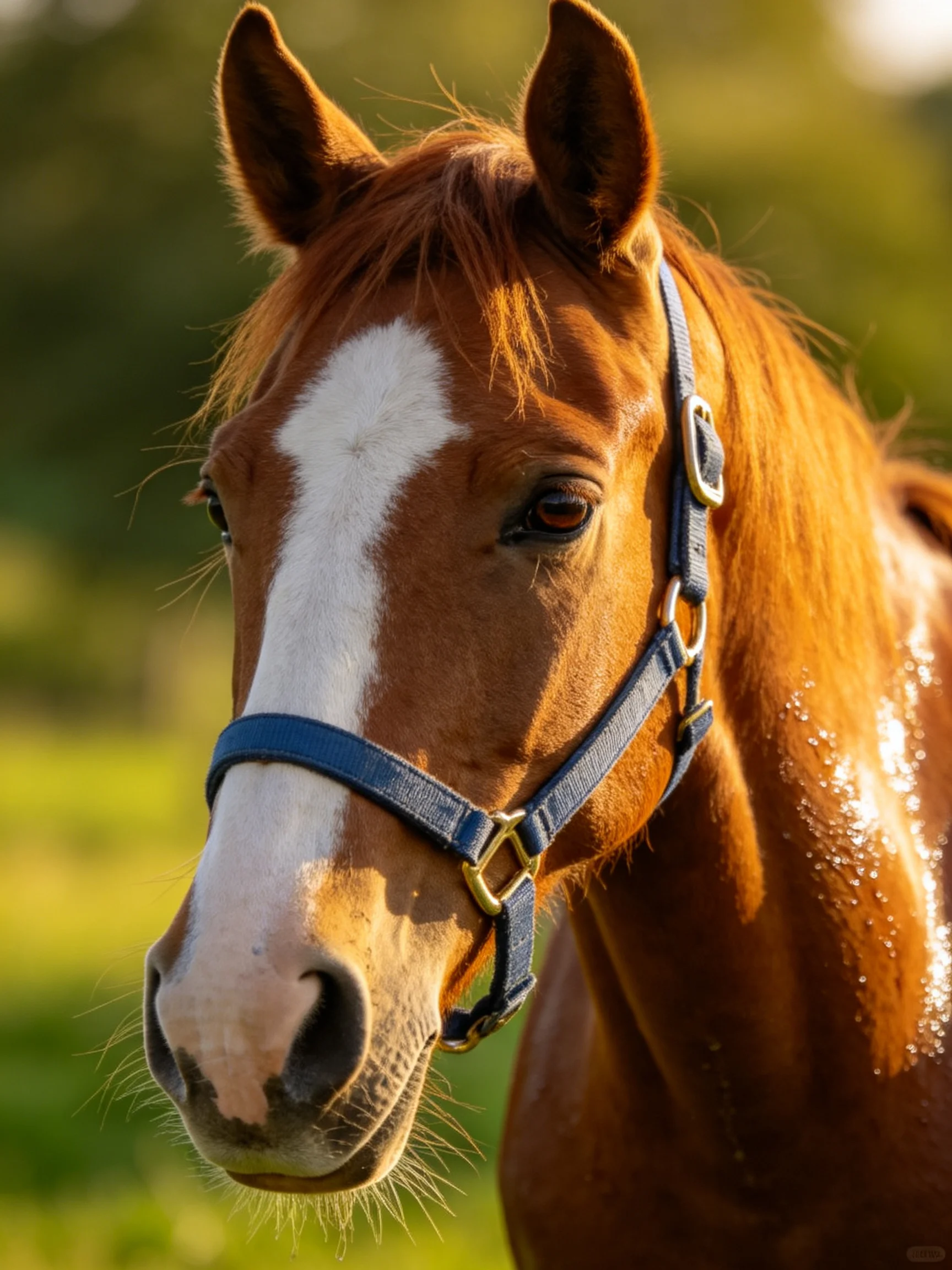A chestnut horse with a white blaze wears a blue halter in a sunlit field