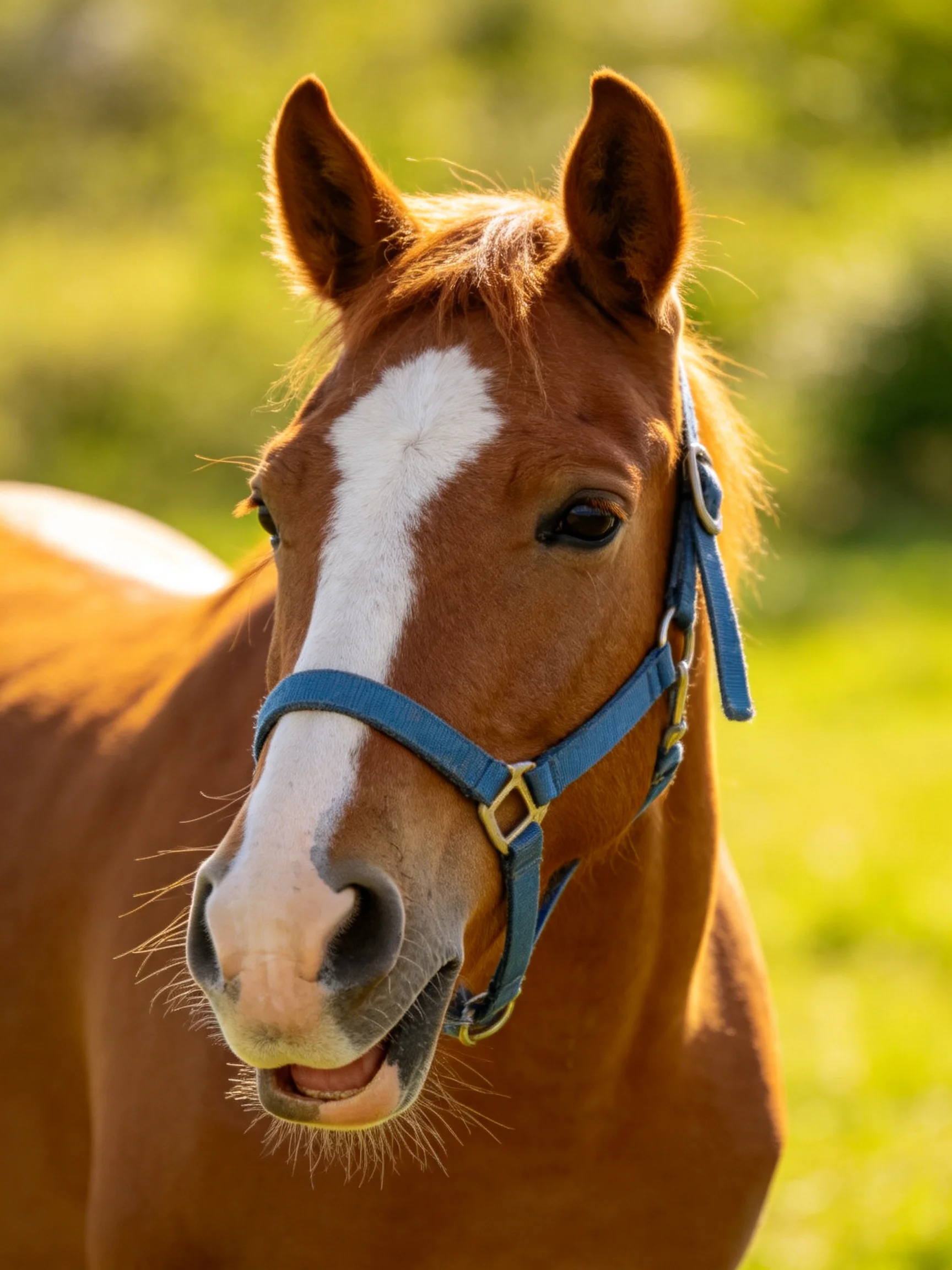 A chestnut horse with a white blaze wears a blue halter in a sunlit meadow