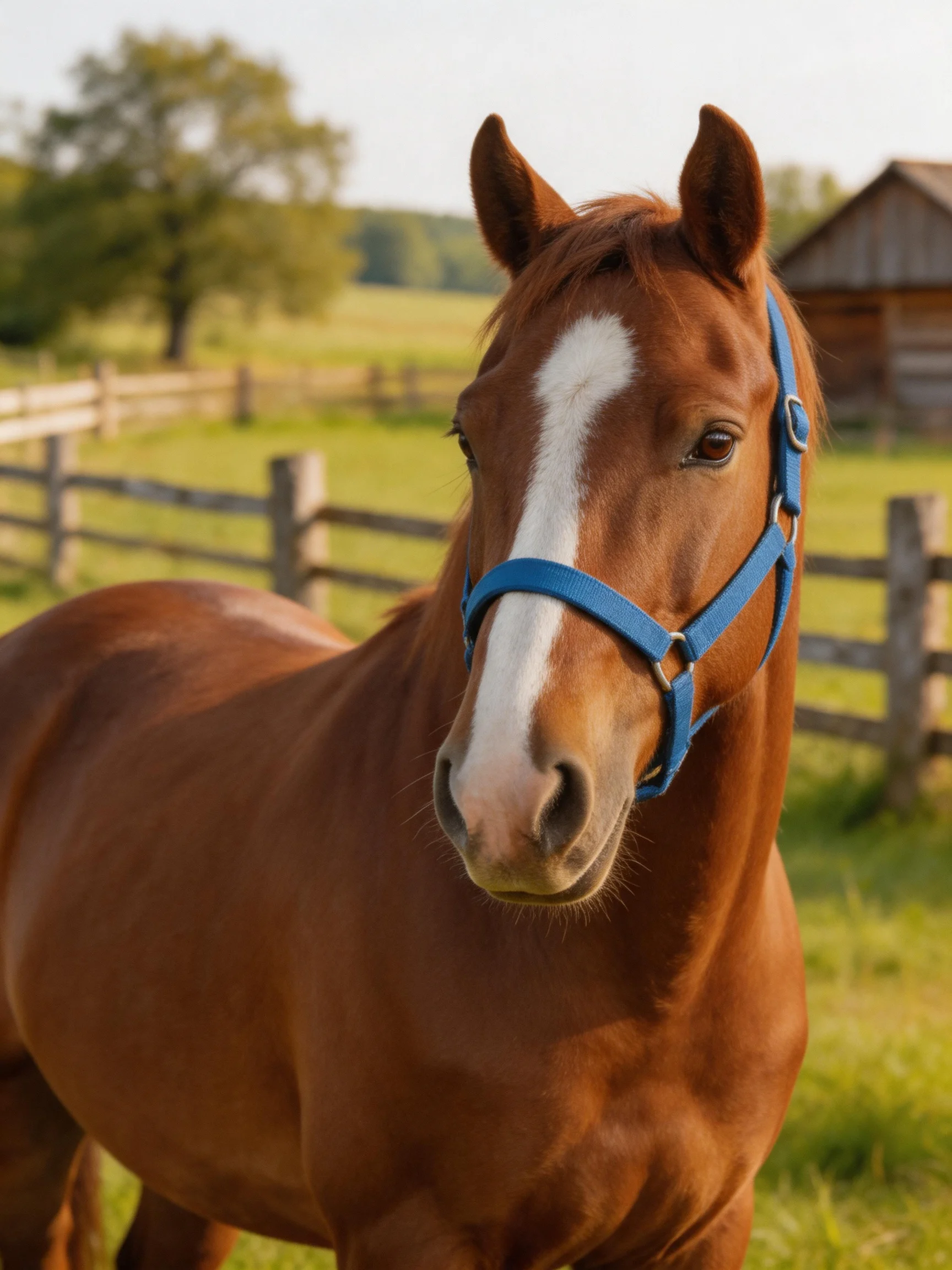 A chestnut horse with a white blaze wears a blue halter in a sunny farm setting