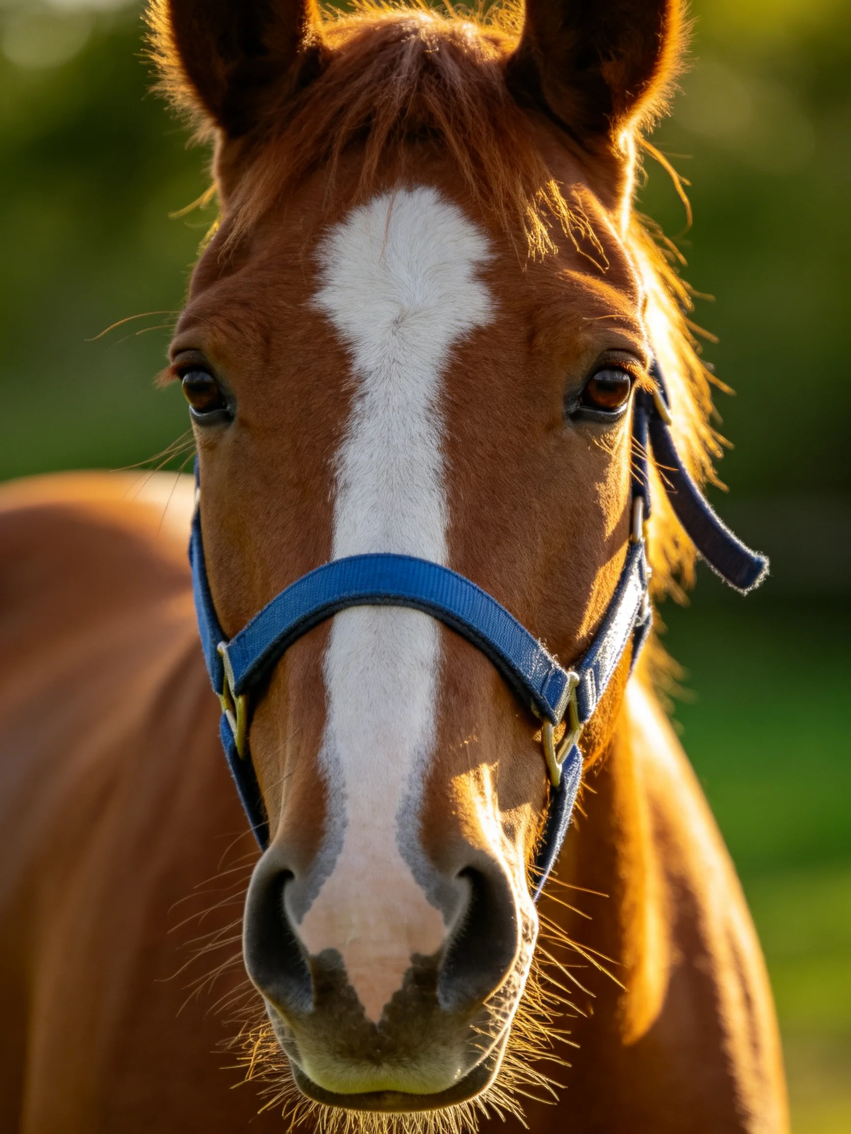 A chestnut horse with a white blaze is captured in a sunlit outdoor scene.