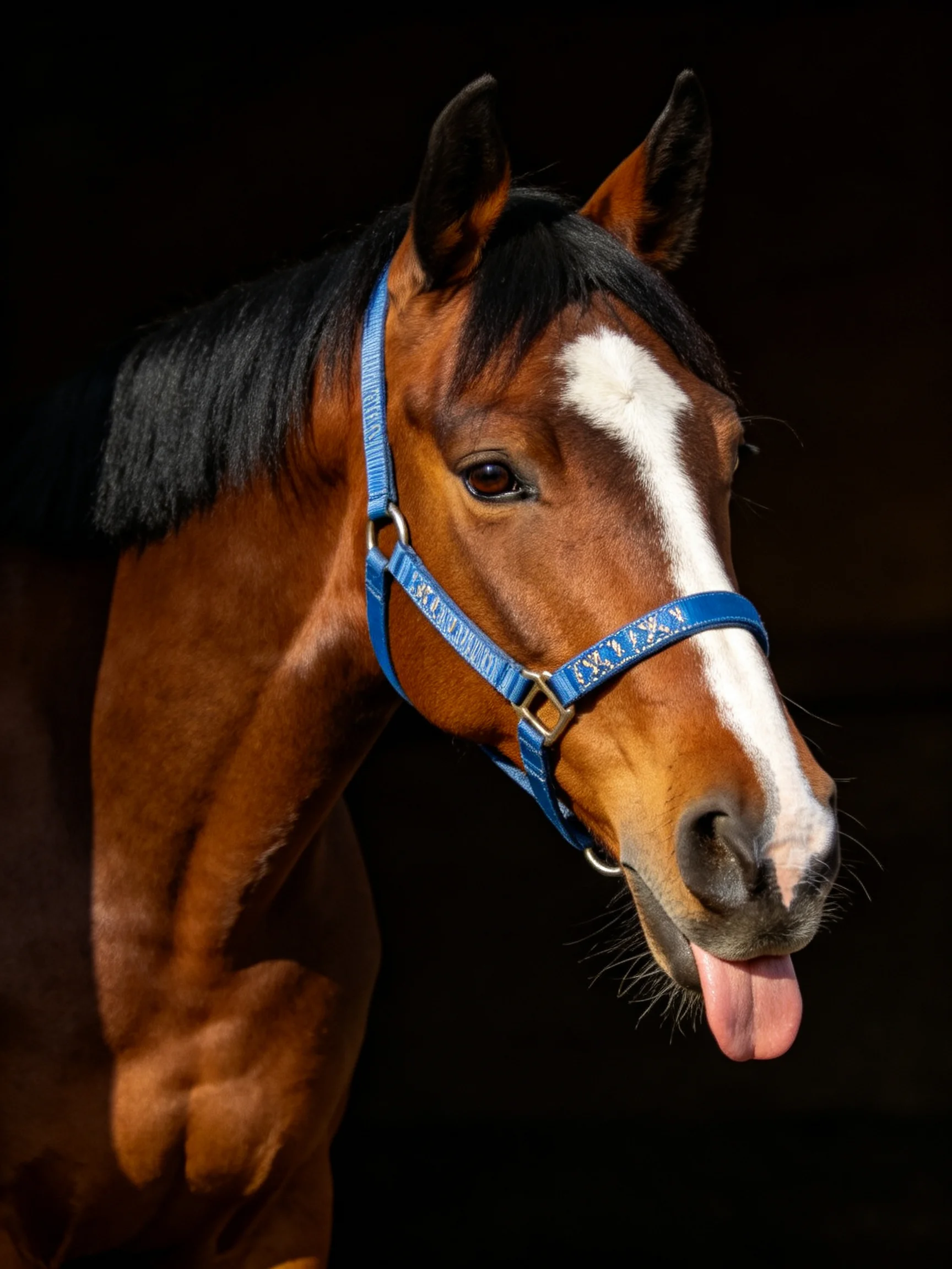 A chestnut horse with a white blaze is shown wearing a blue halter