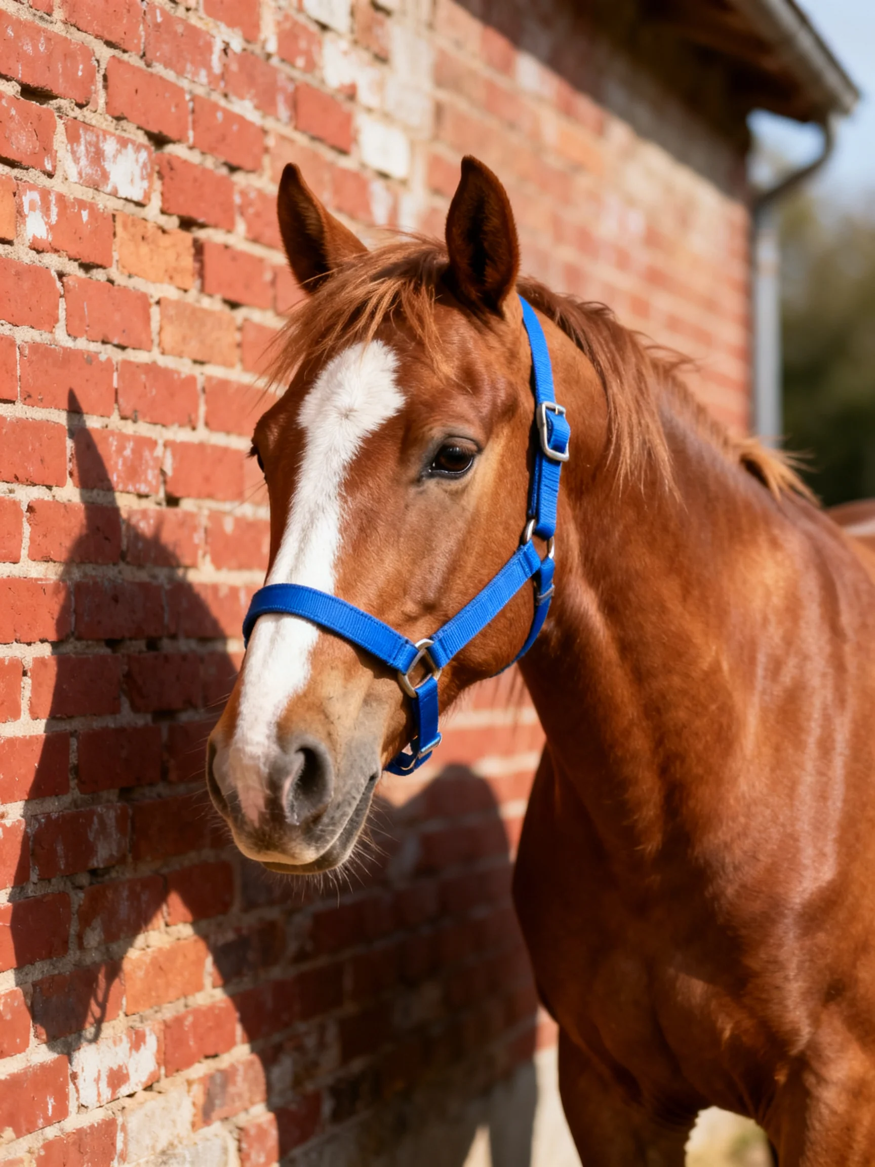 A chestnut horse with a white blaze wears a blue halter near a weathered brick wall