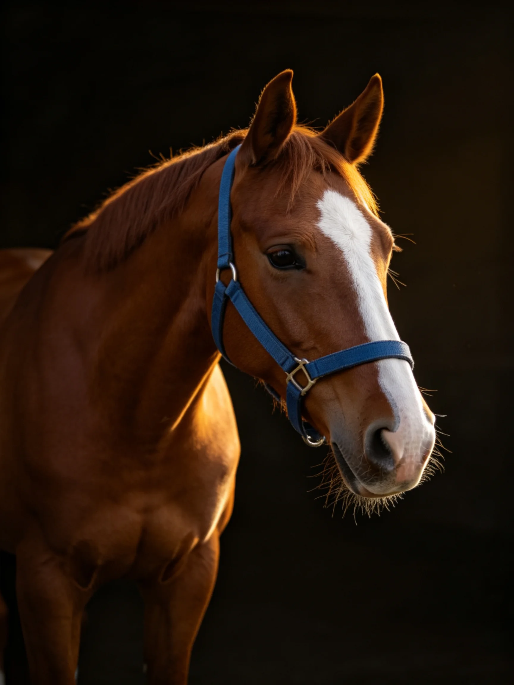A chestnut horse with a white blaze stands out against darkness.