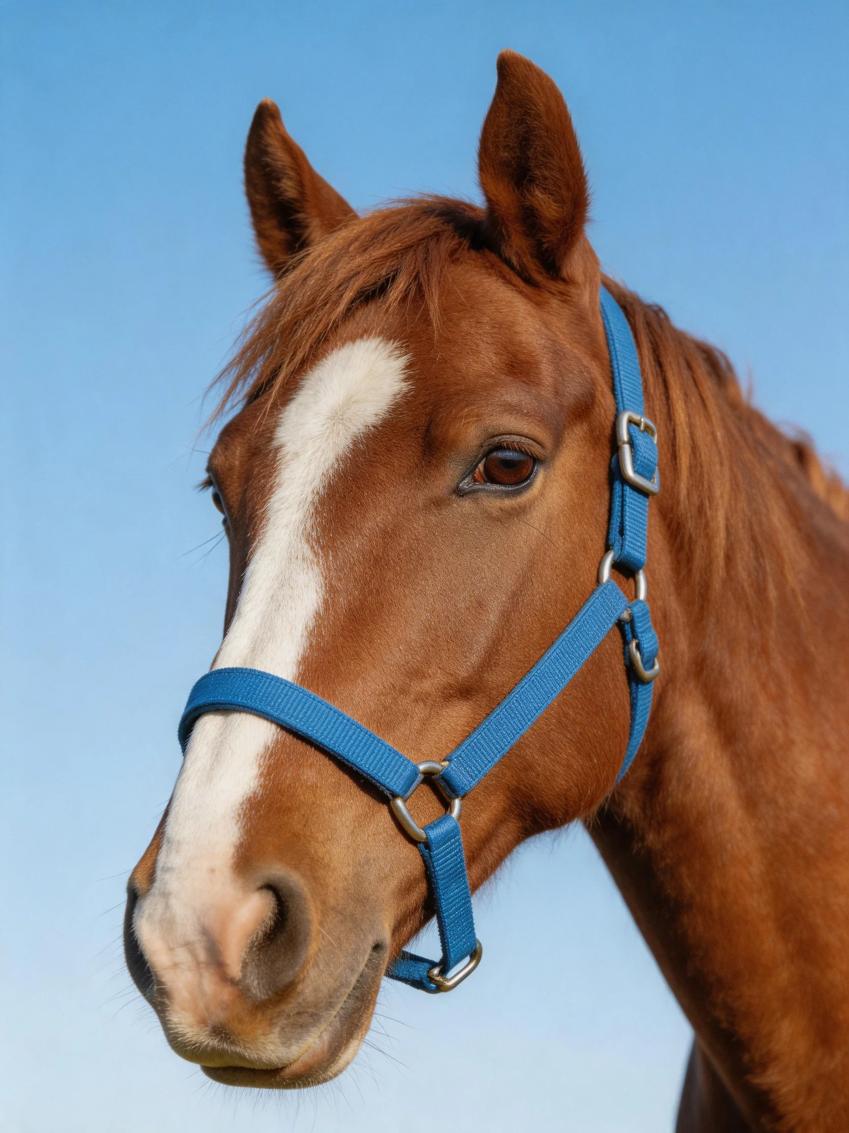 A chestnut horse with a white blaze and blue halter stands against a clear blue sky.