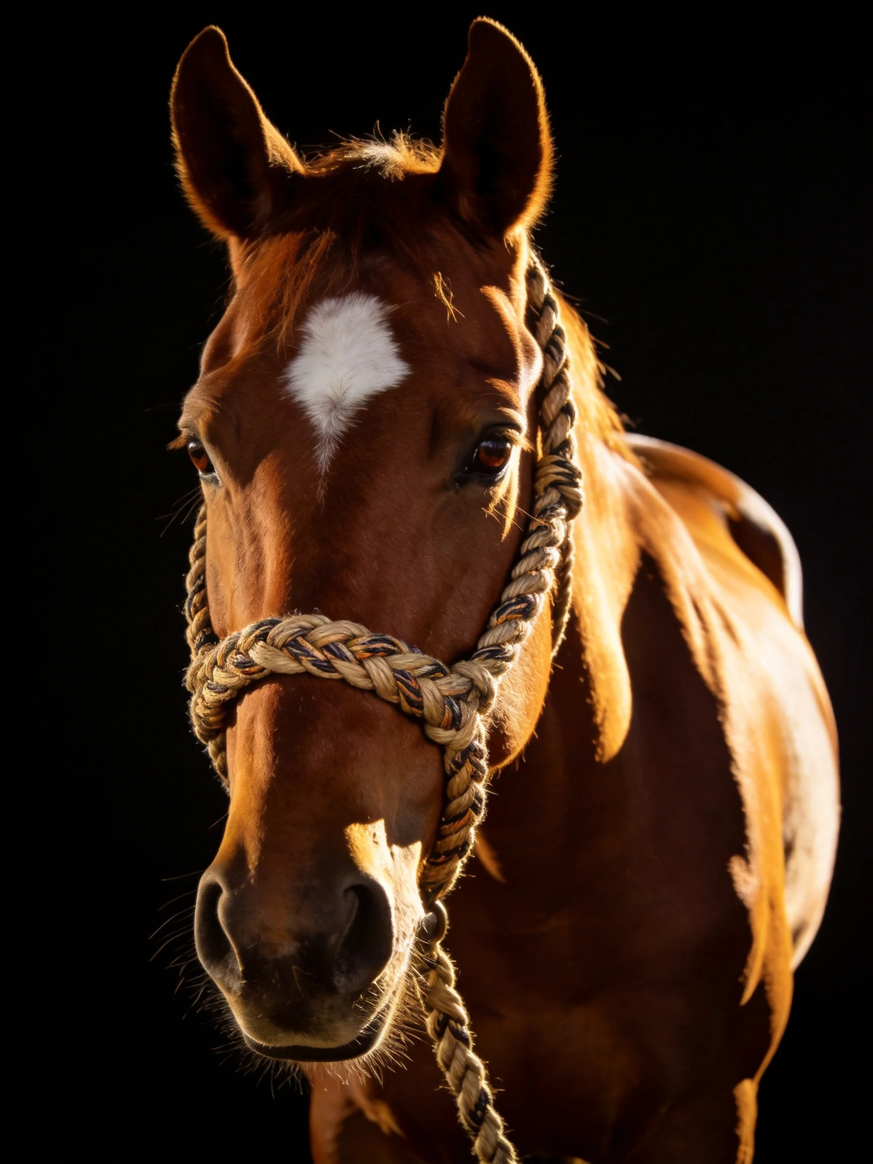 A chestnut horse with a white blaze wears a braided rope halter against a black background.