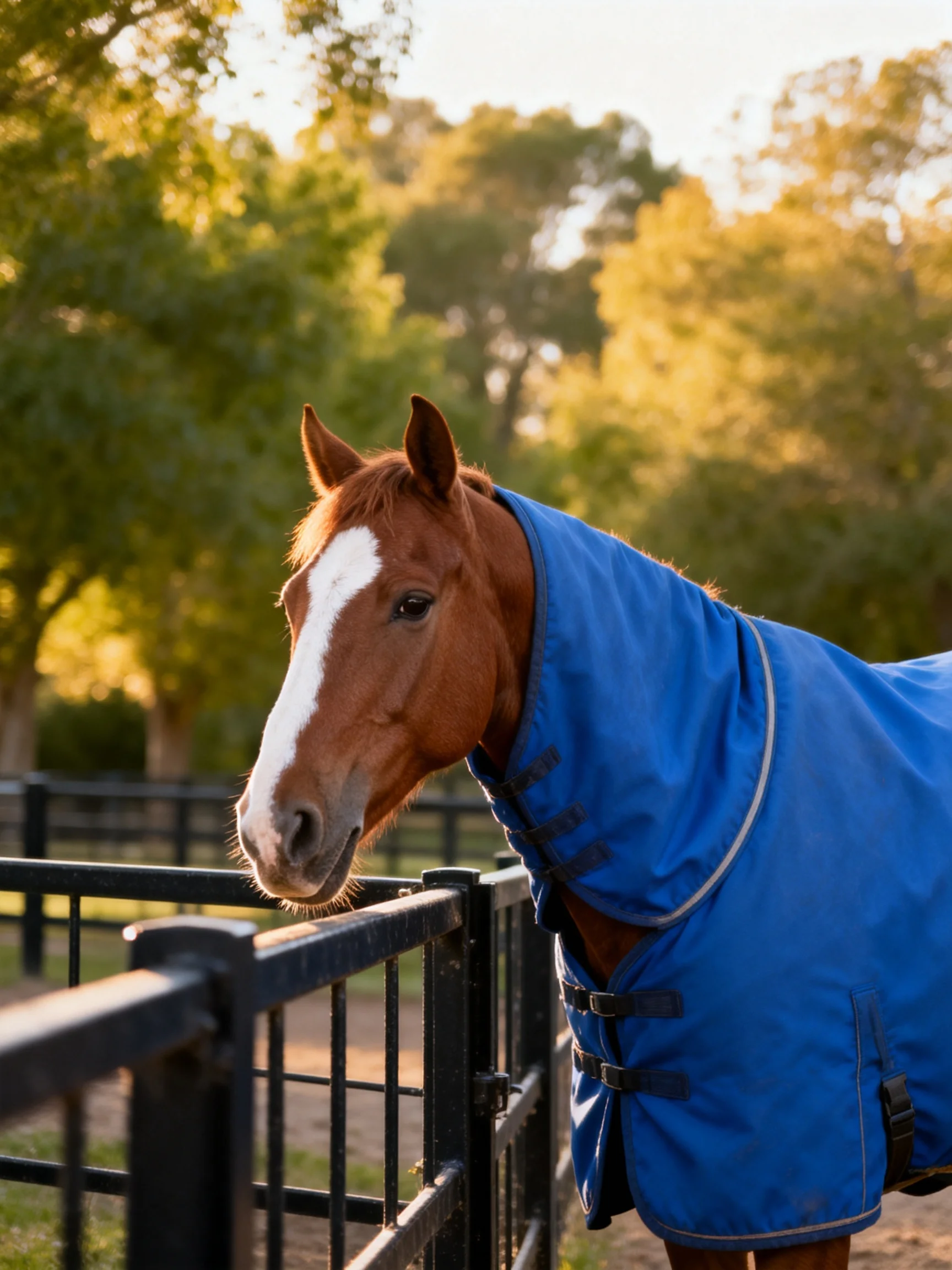 A chestnut horse with a white blaze wears a bright blue blanket by a black fence