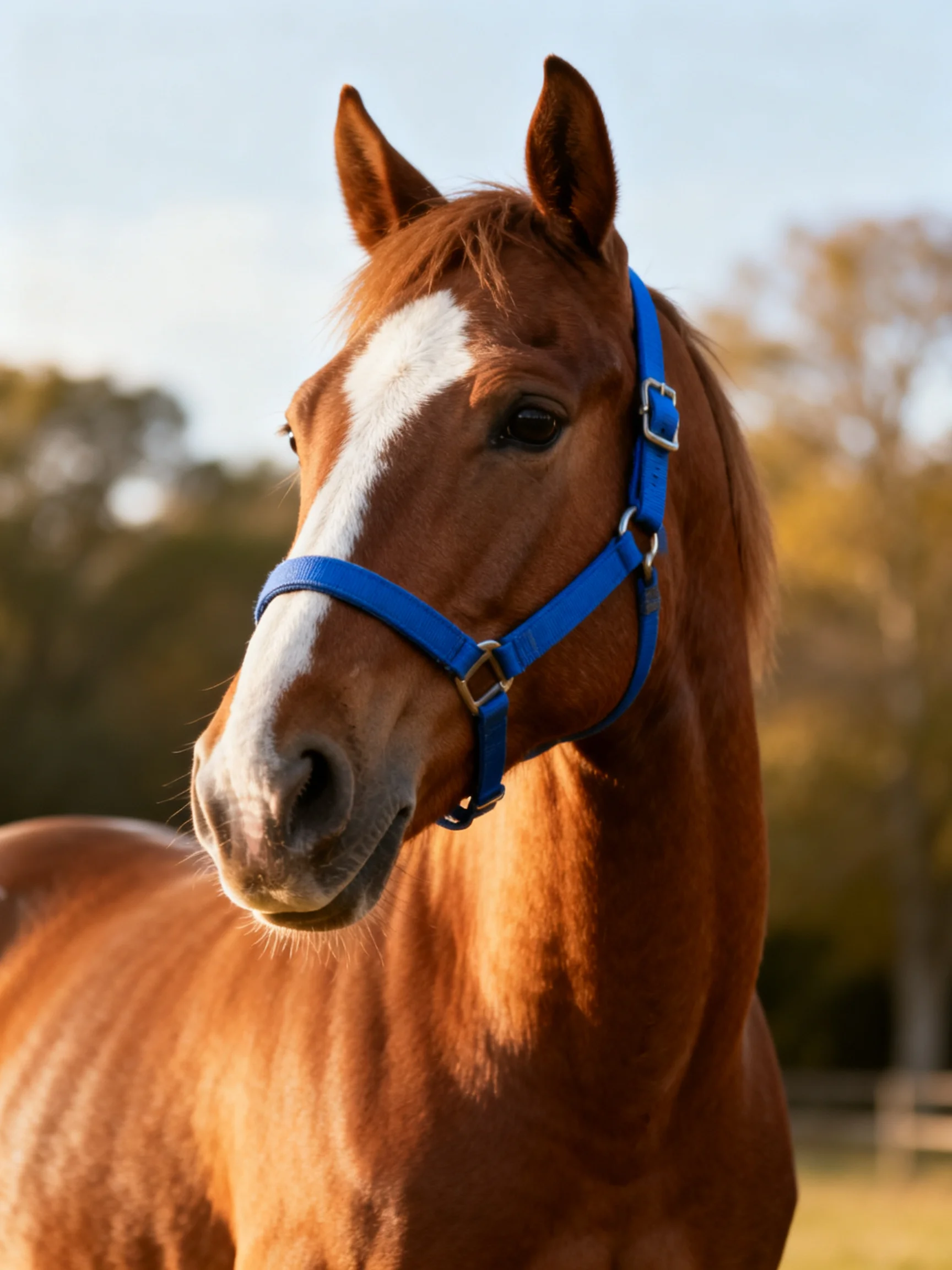A chestnut horse with a white blaze wears a bright blue halter