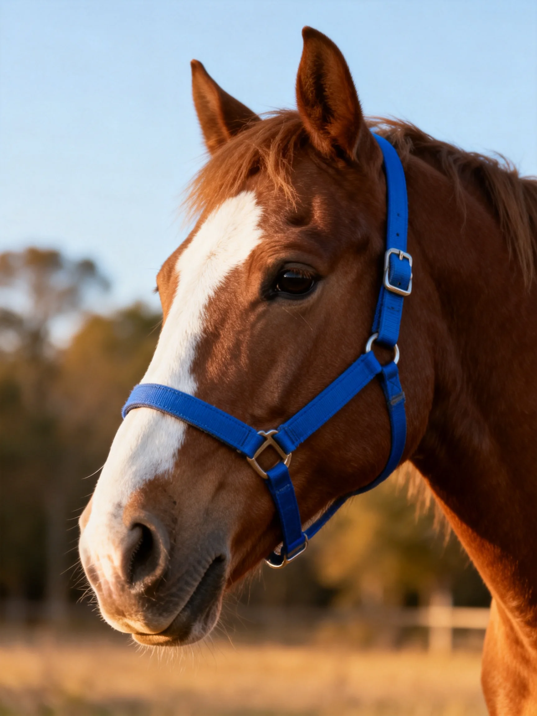 A chestnut horse with a white blaze stands outdoors wearing a blue halter.