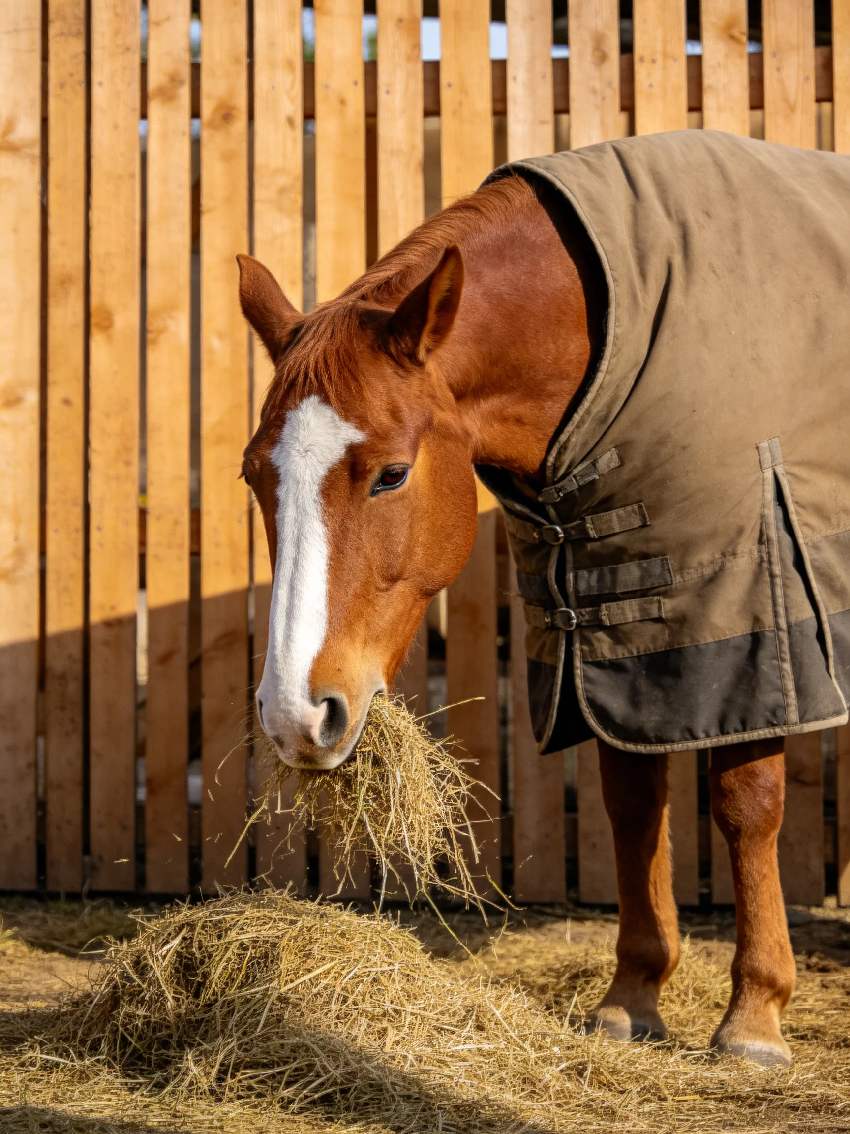 A chestnut horse with a white blaze eats hay near a wooden fence