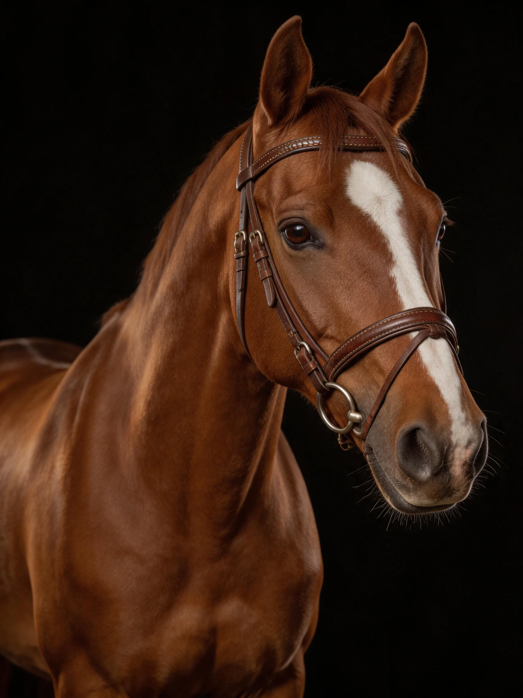 A chestnut horse with a white blaze is photographed against a black background.
