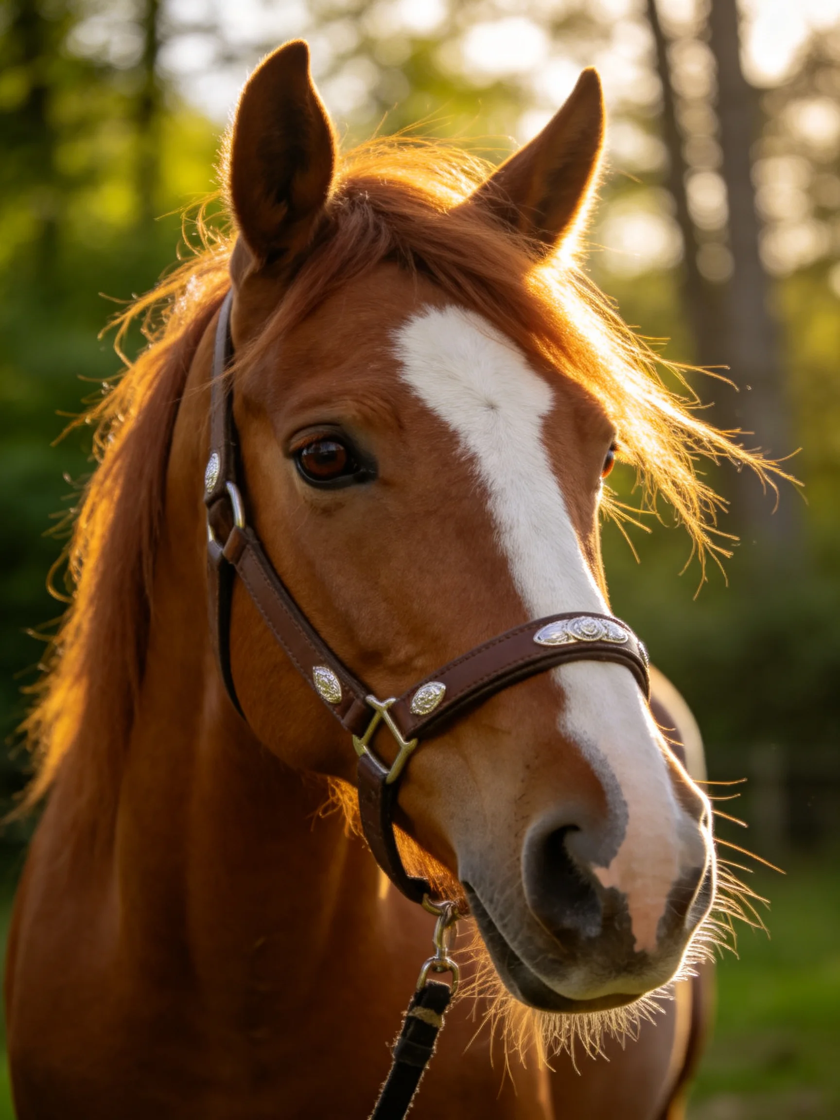 A chestnut horse with a white blaze stands in a sunlit outdoor forest setting.