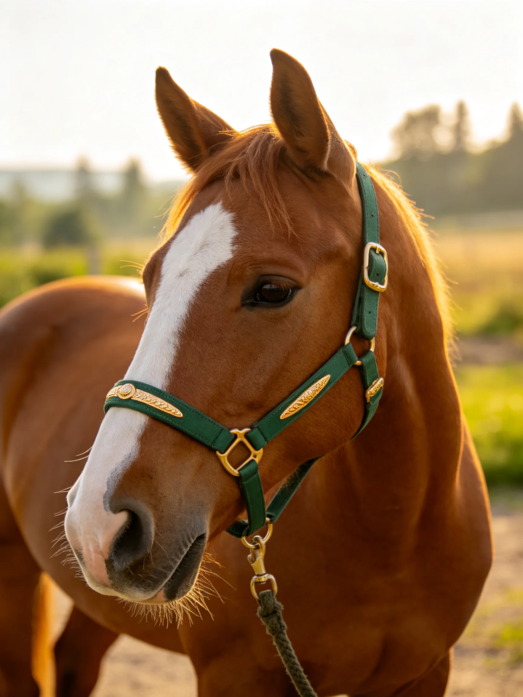 A chestnut horse with a white blaze is shown wearing a green halter in an outdoor setting