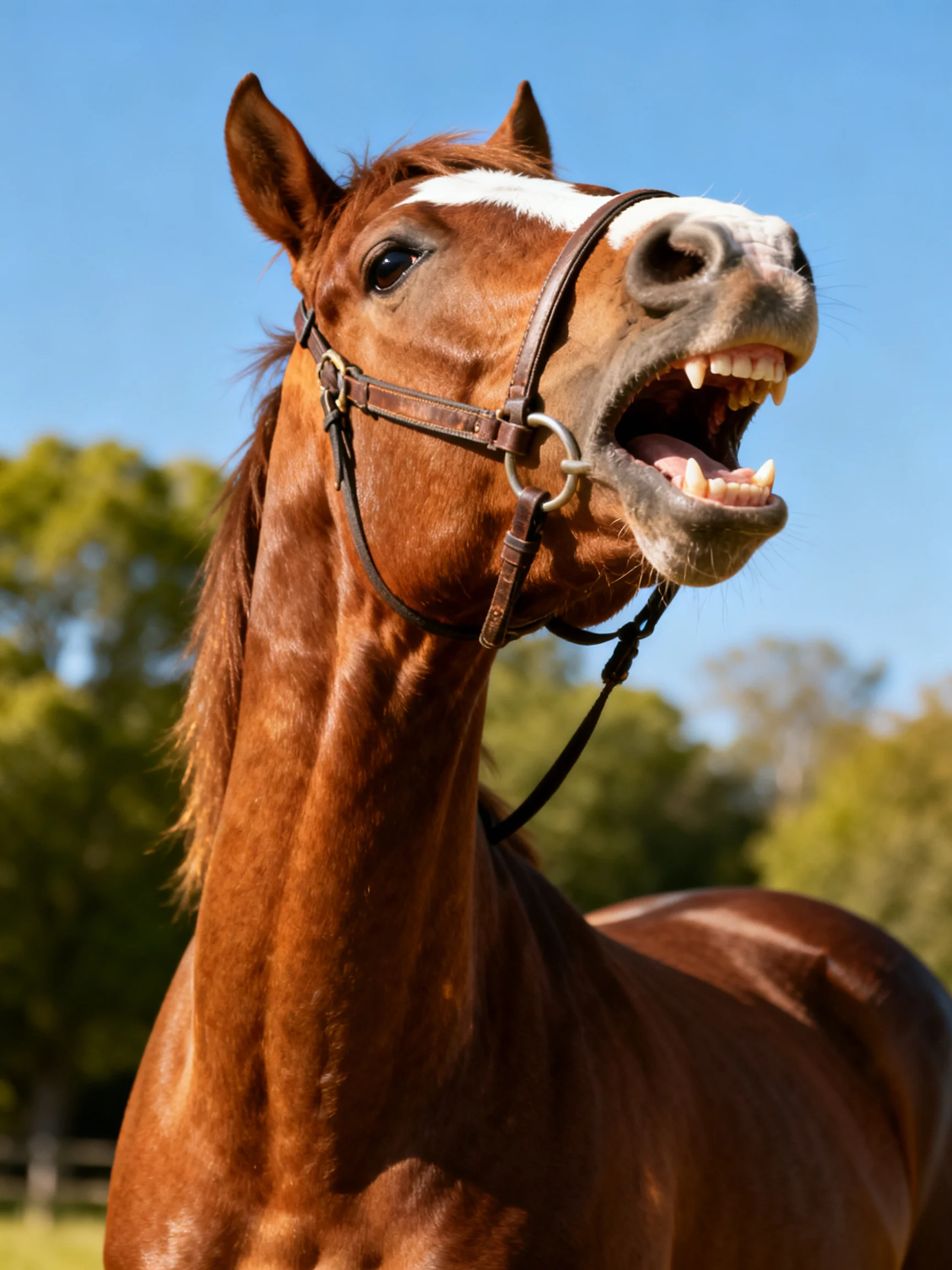 A chestnut horse with a white blaze shows its teeth while wearing a halter outside.