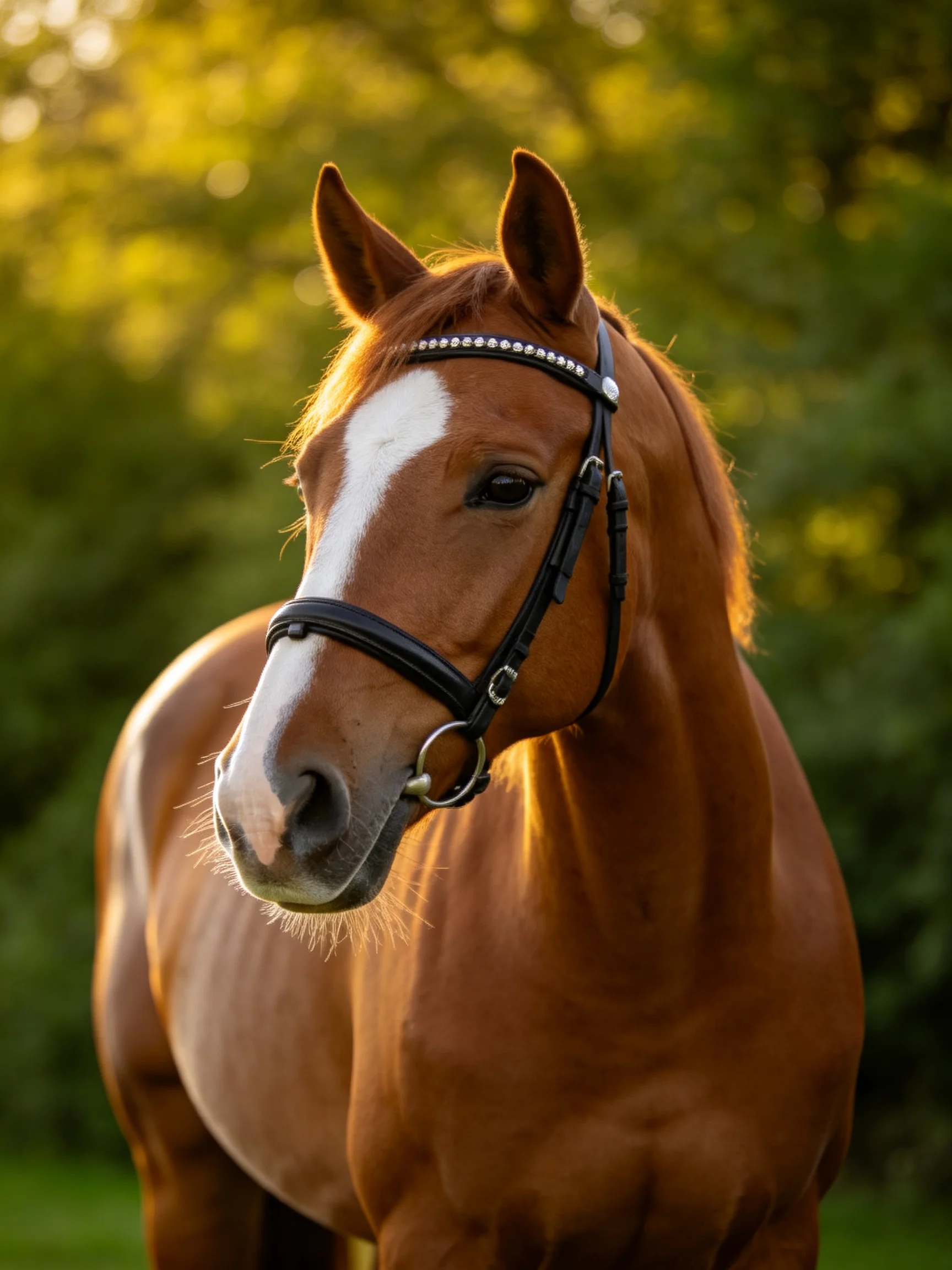 A chestnut horse with a white blaze stands in a sunlit outdoor scene.