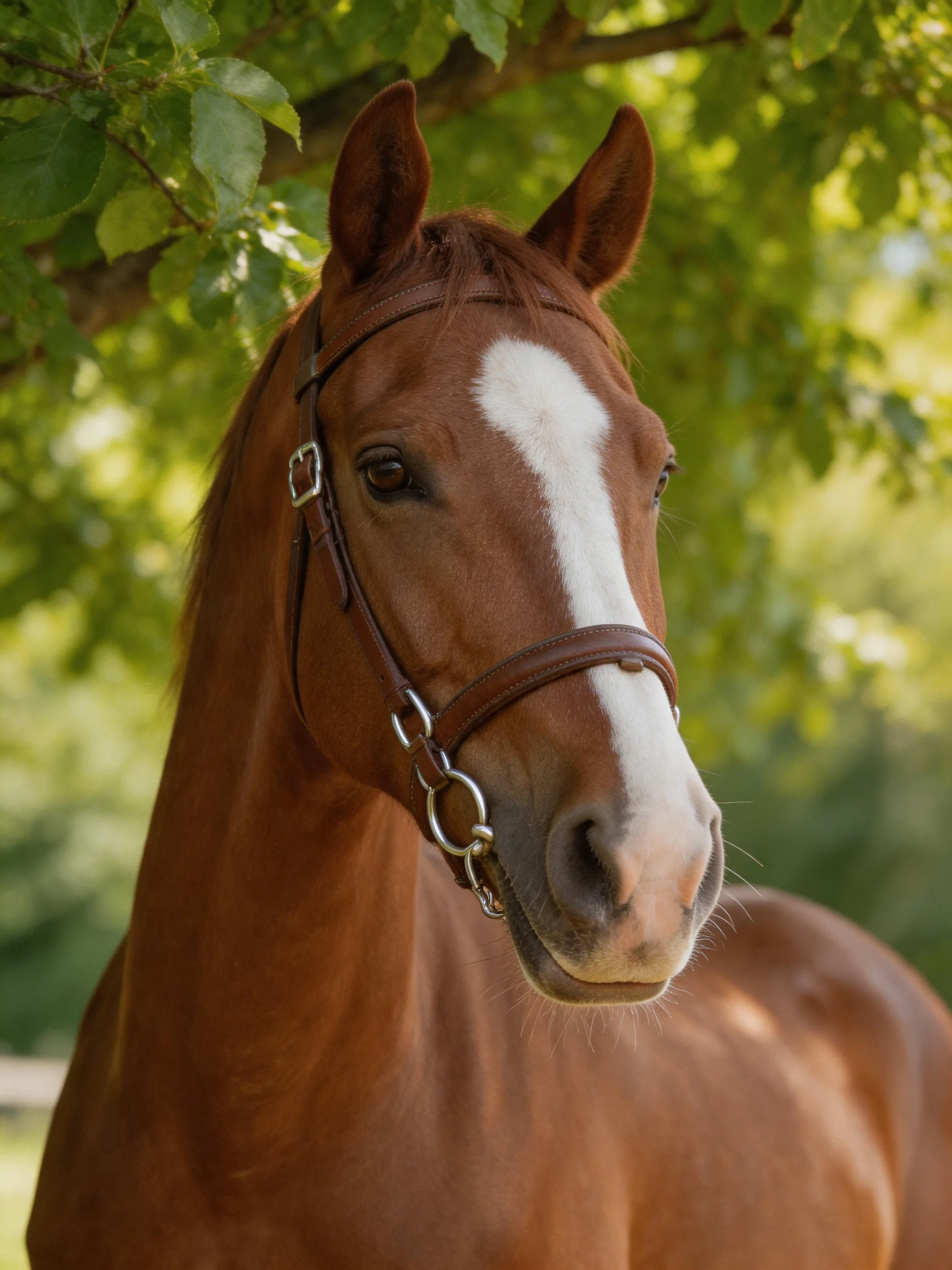 A chestnut horse with a white blaze wears a leather bridle amid lush greenery