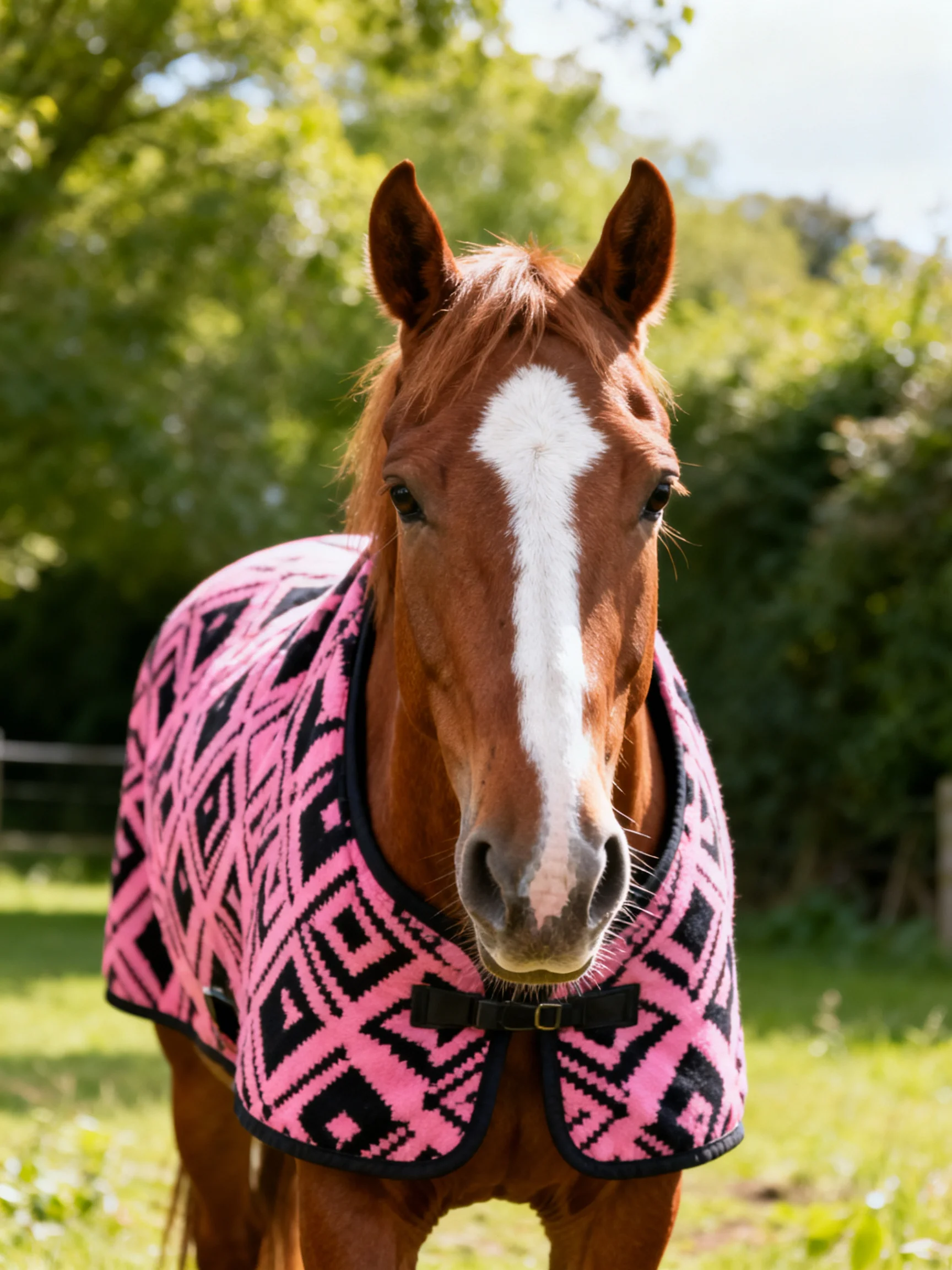 A chestnut horse with a white blaze wears a pink and black patterned blanket