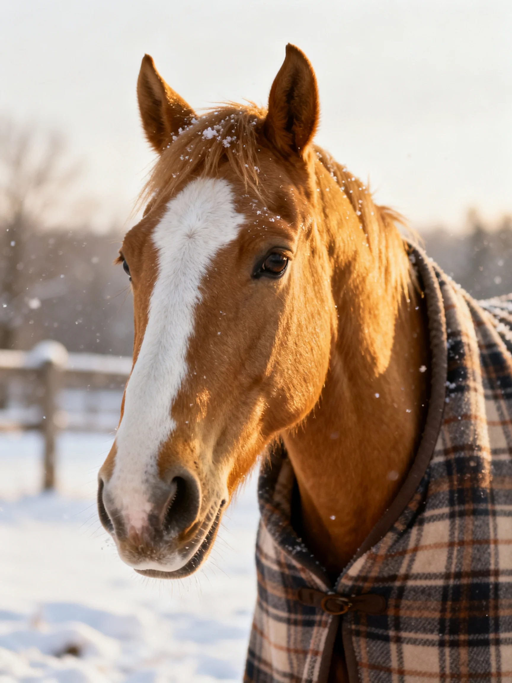 A chestnut horse with a white blaze stands in snow while wearing a plaid blanket.