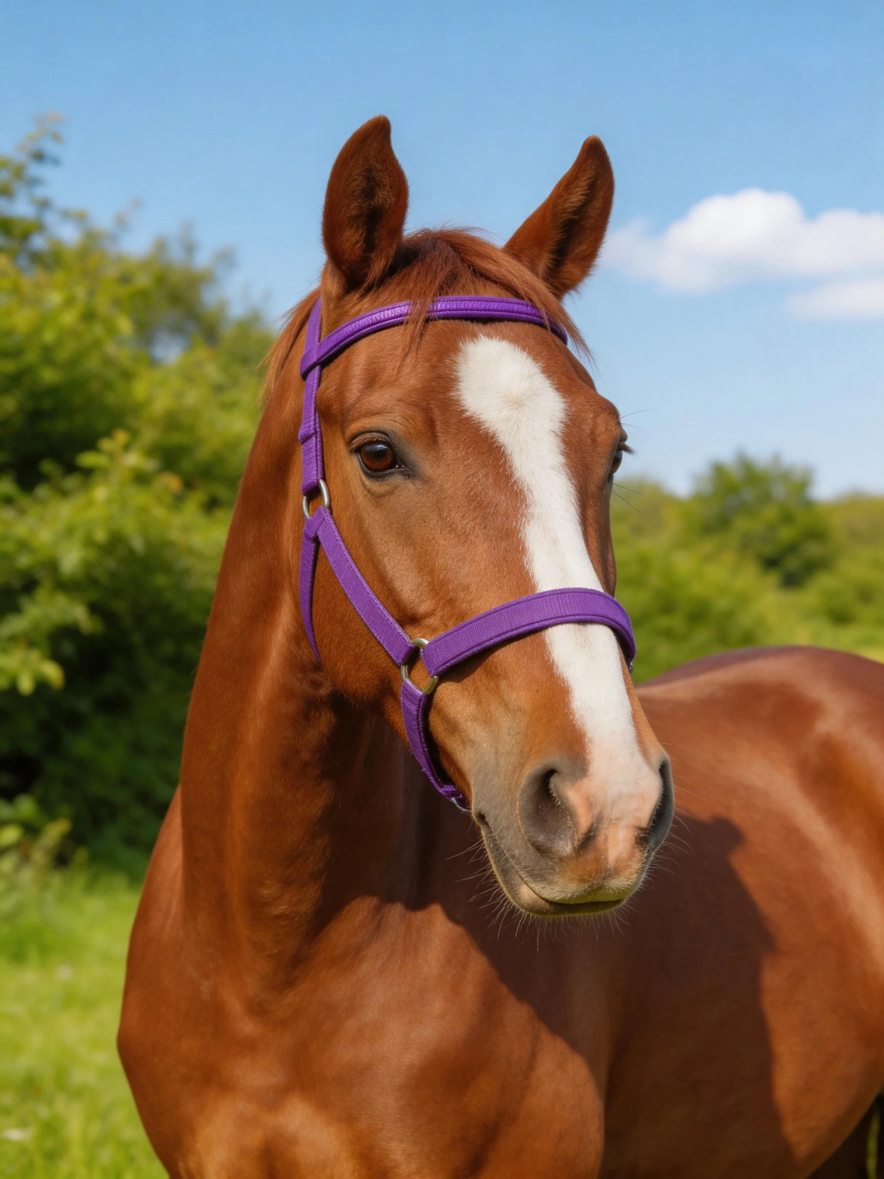 A chestnut horse with a white blaze and purple halter is pictured outdoors.