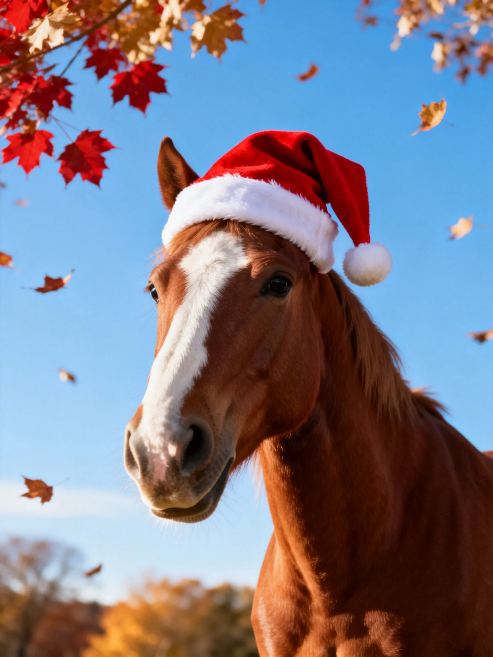 A chestnut horse with a white blaze wears a red Santa hat amid autumn foliage